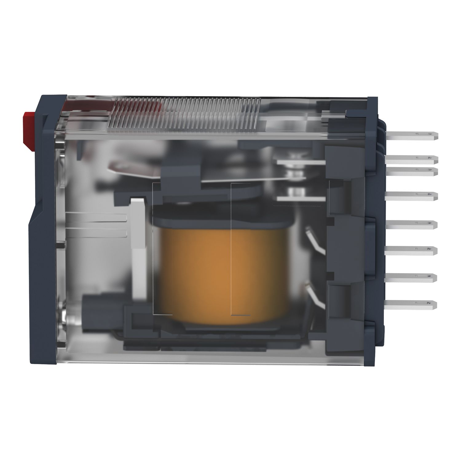 Picture of miniature plug in relay, Harmony Electromechanical Relays, 12A, 2CO, with LED, lockable test but to n, 24V AC