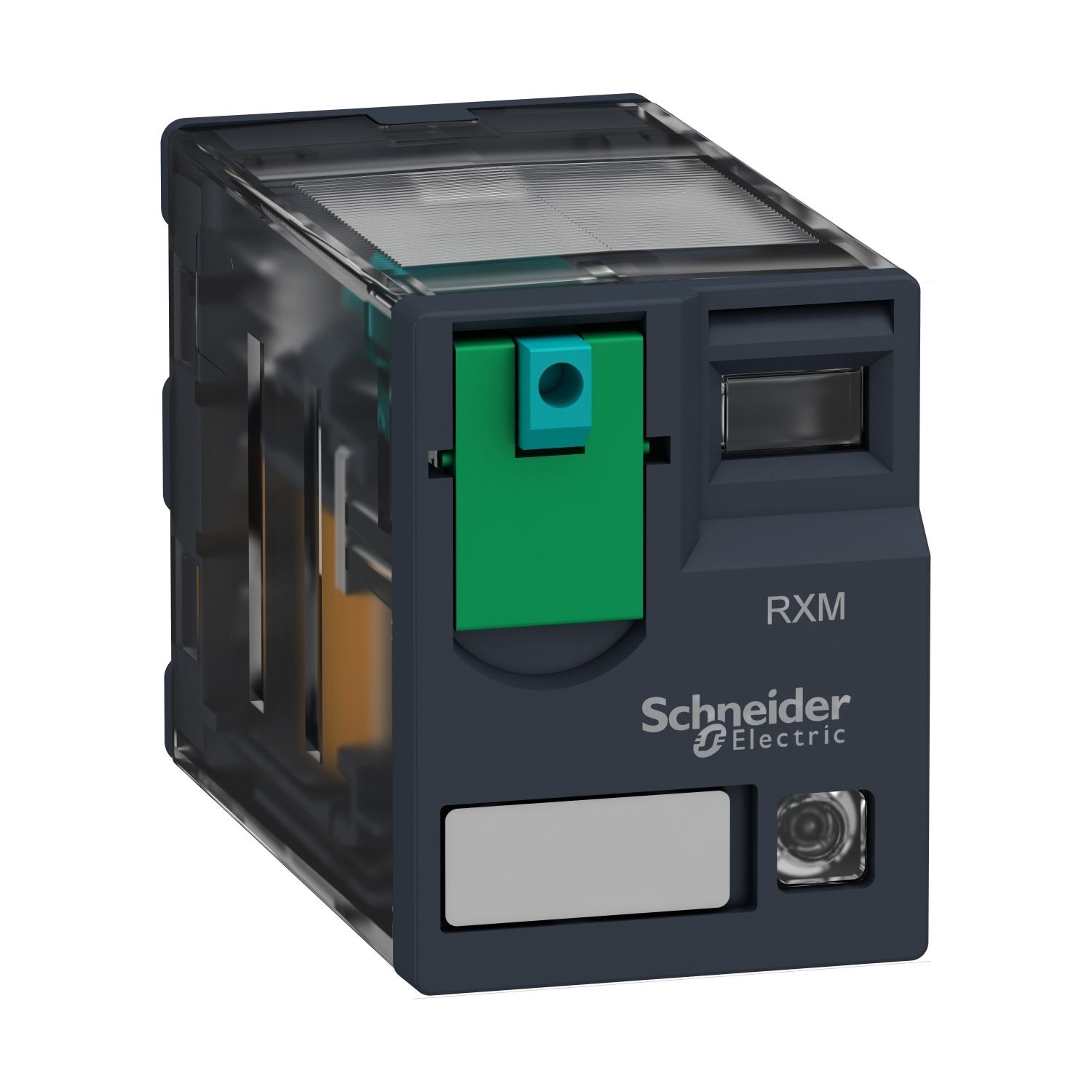 Picture of miniature plug in relay, Harmony Electromechanical Relays, 12A, 2CO, with LED, lockable test but to n, 12V DC