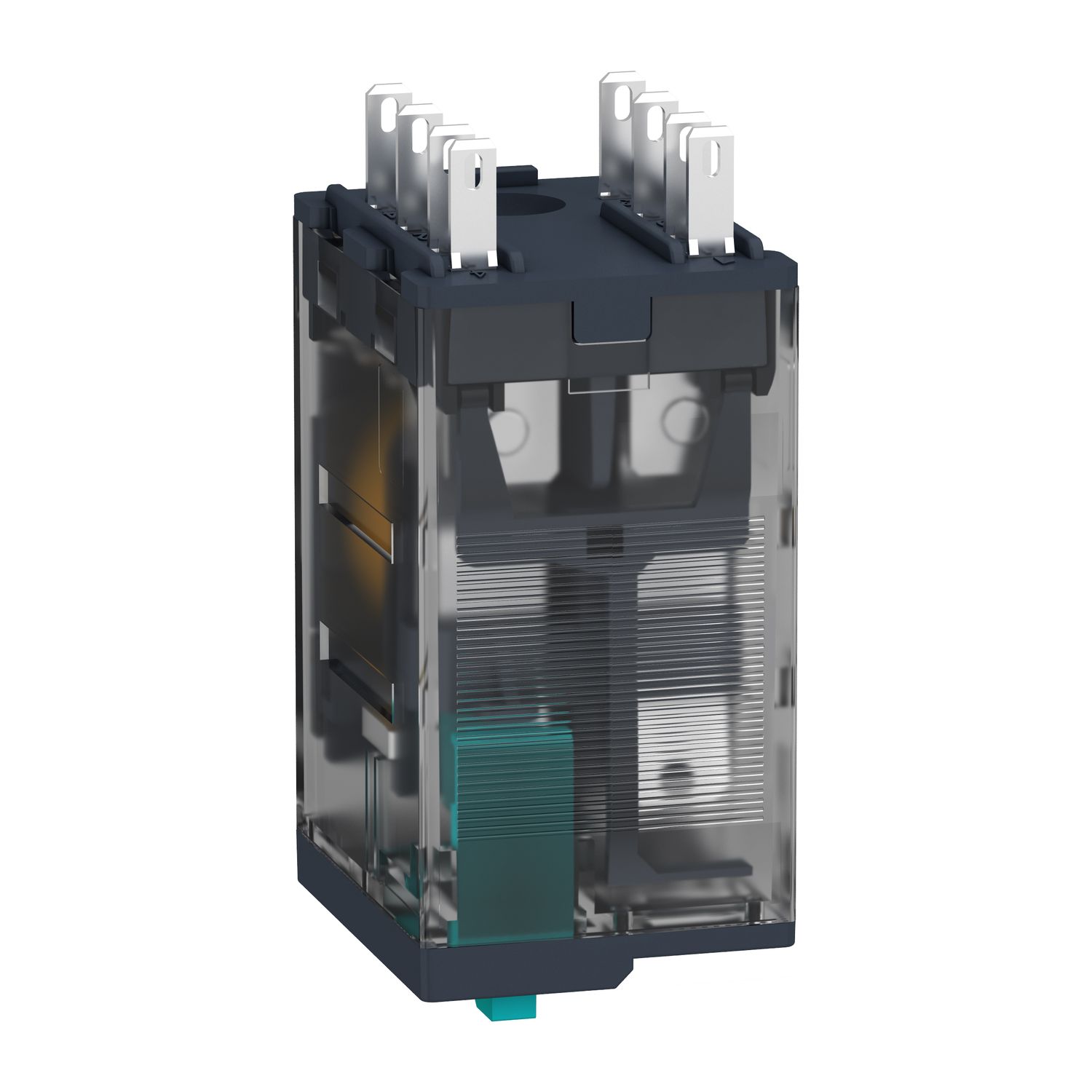Picture of miniature plug in relay, Harmony Electromechanical Relays, 12A, 2CO, with LED, lockable test but to n, 12V DC