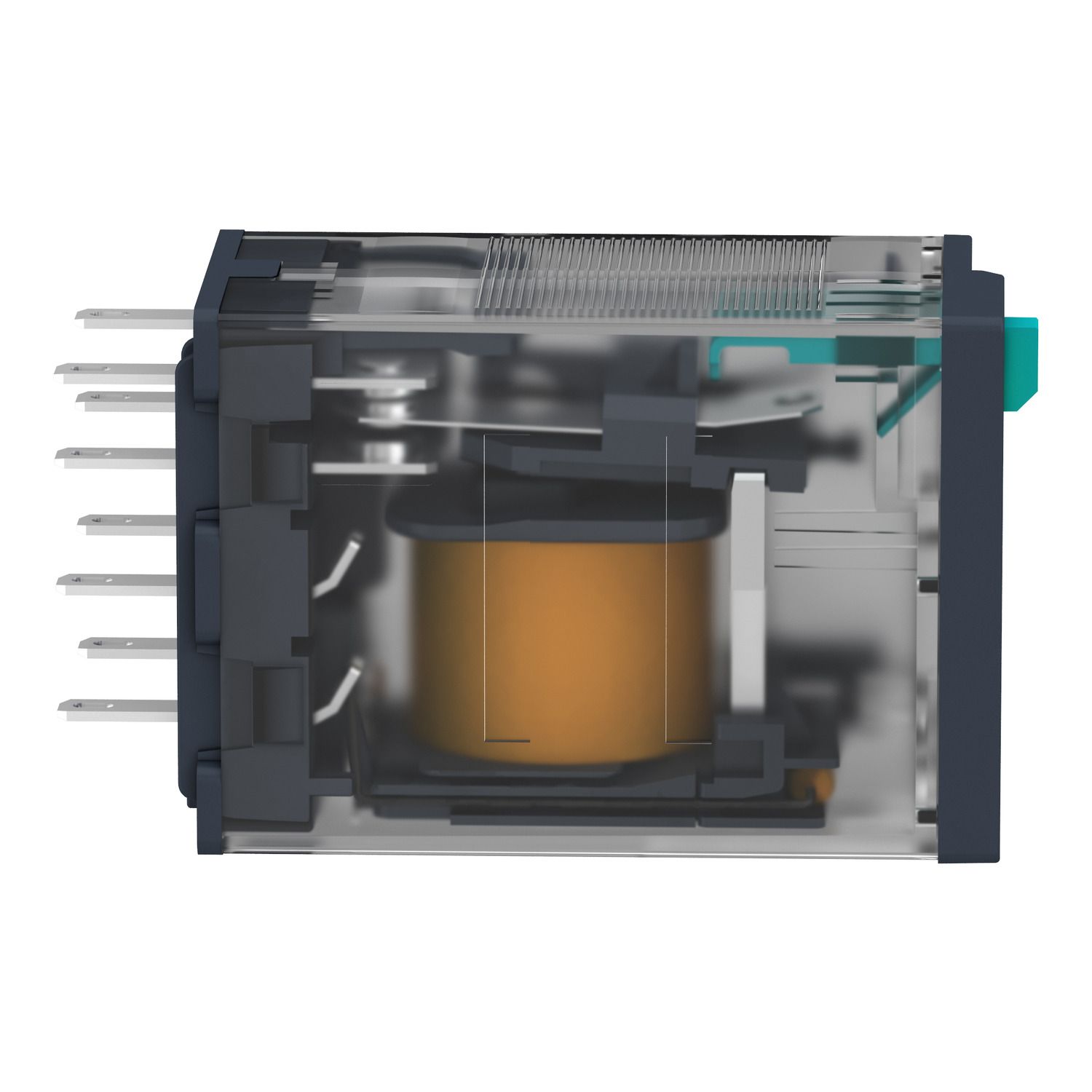 Picture of miniature plug in relay, Harmony Electromechanical Relays, 12A, 2CO, with LED, lockable test but to n, 12V DC