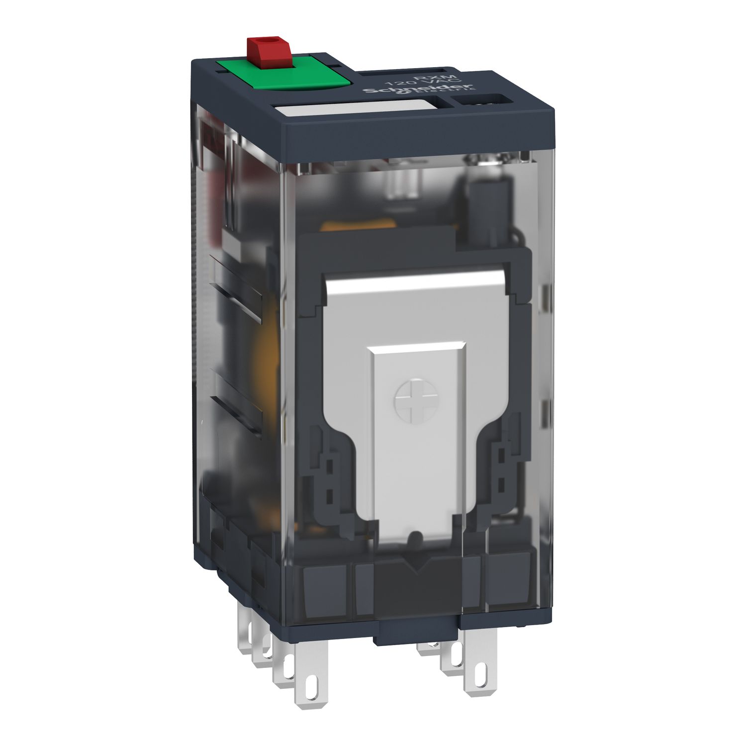 Picture of miniature plug in relay, Harmony Electromechanical Relays, 12A, 2CO, with LED, lockable test but to n, 230V AC
