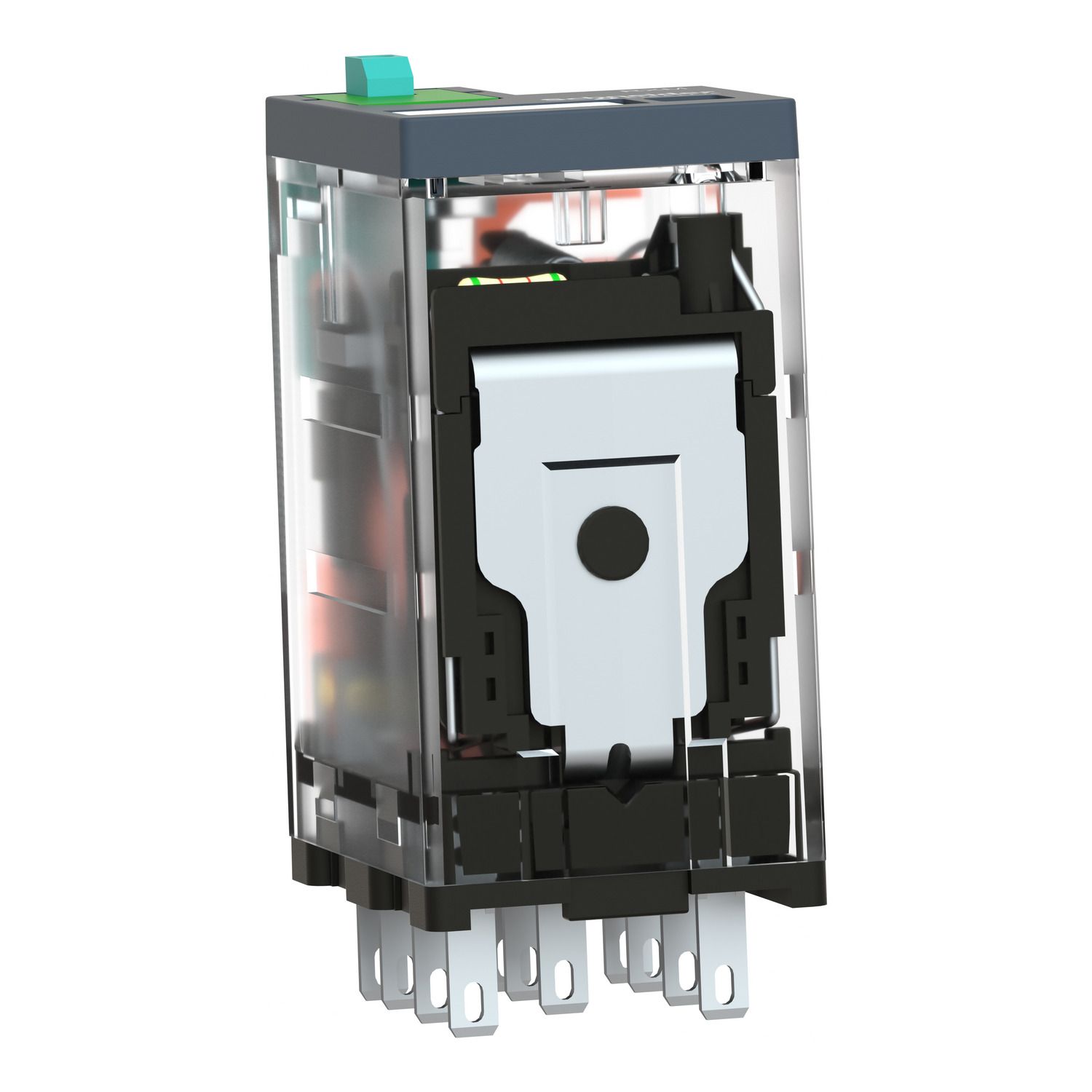 Picture of miniature plug in relay, Harmony Electromechanical Relays, 10A, 3CO, with LED, lockable test but to n, 110V DC