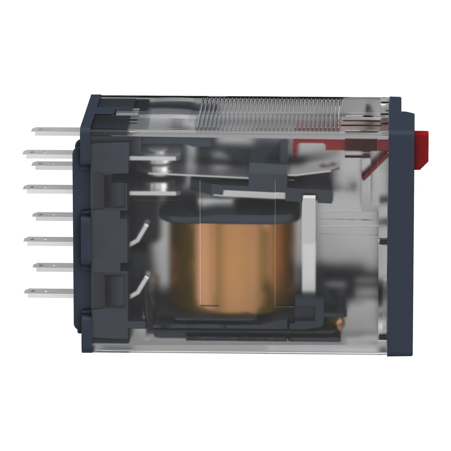 Picture of miniature plug in relay, Harmony Electromechanical Relays, 6A, 4CO, lockable test but to n, 24V AC