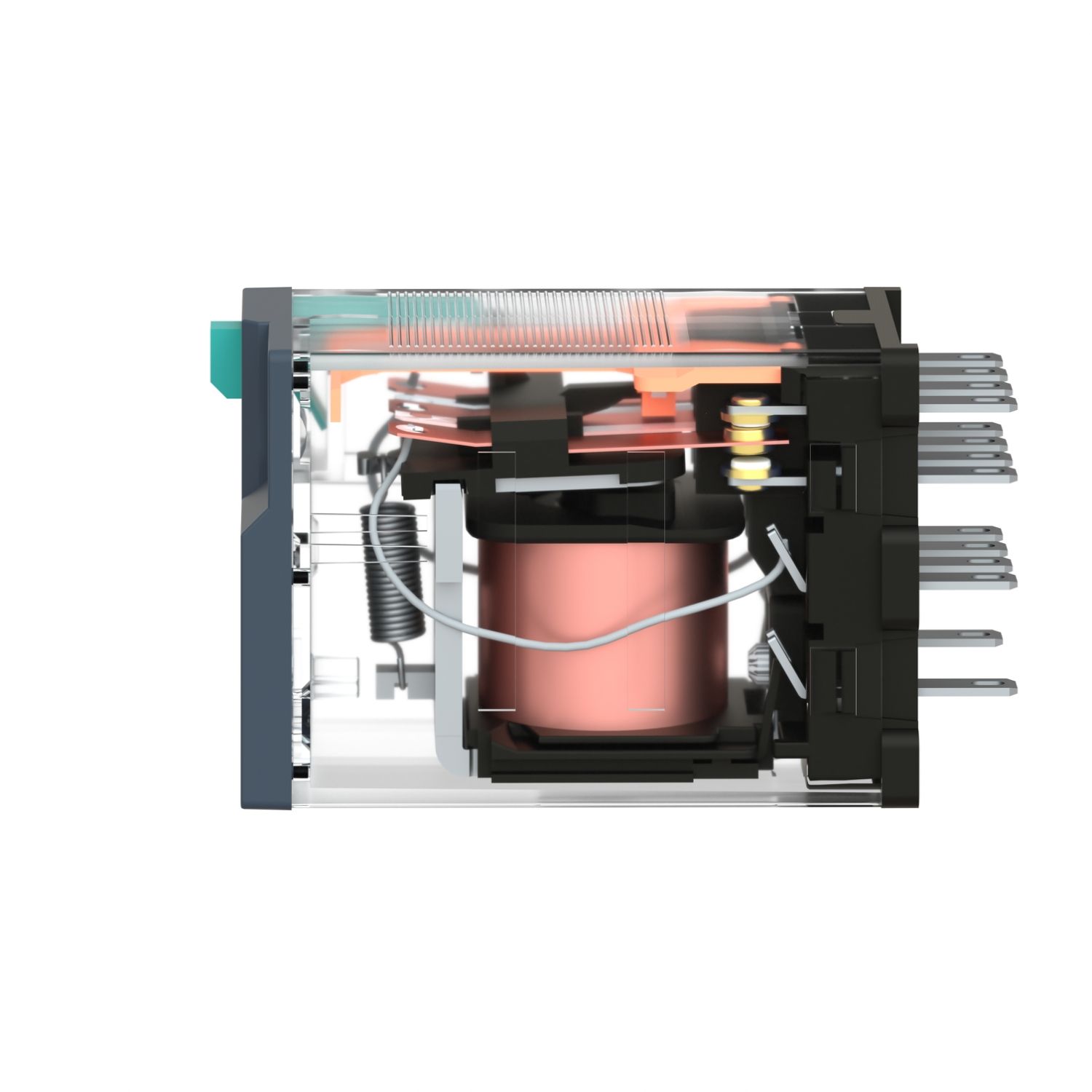 Picture of miniature plug in relay, Harmony Electromechanical Relays, 6A, 4CO, lockable test but to n, 24V DC