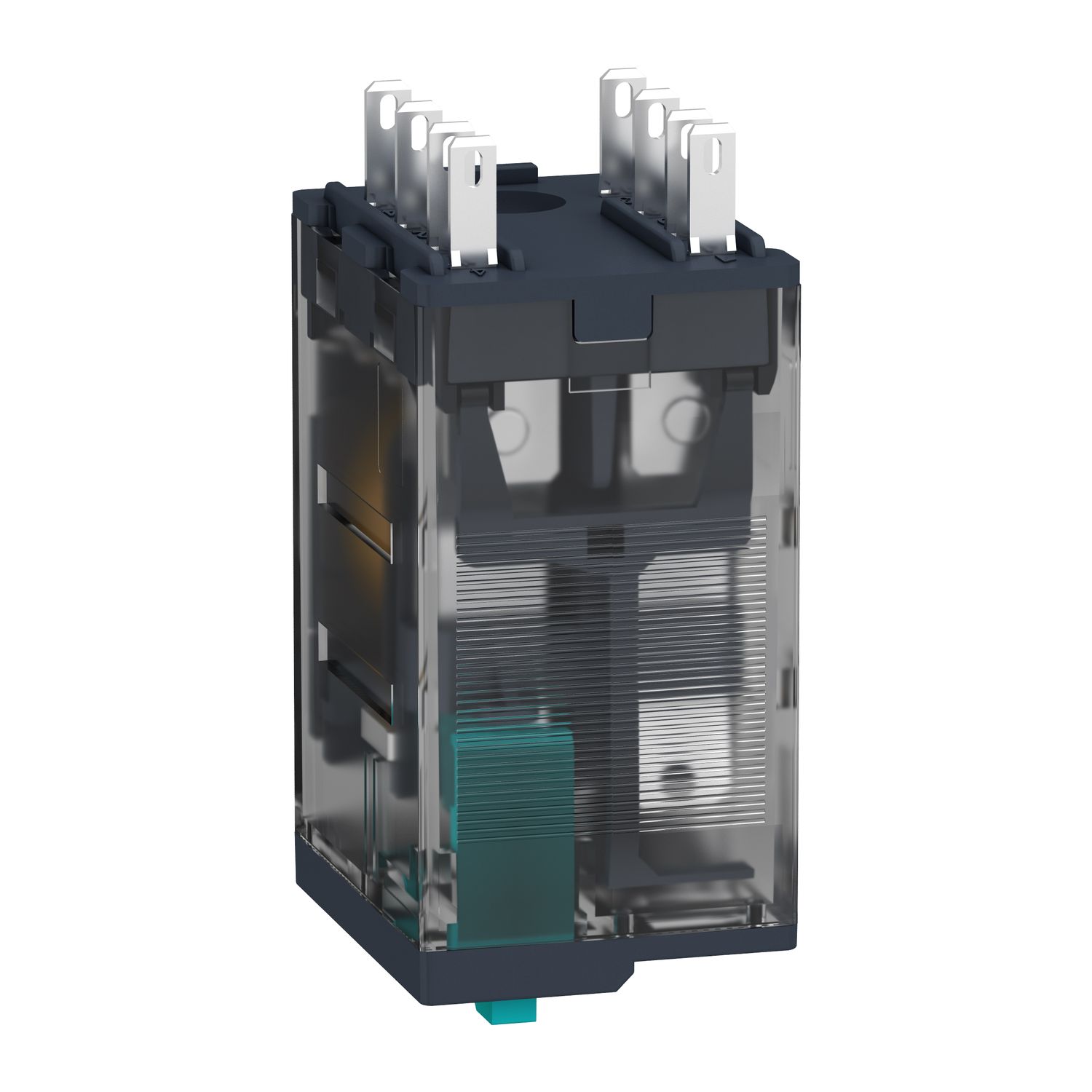 Picture of miniature plug in relay, Harmony Electromechanical Relays, 6A, 4CO, lockable test but to n, 12V DC