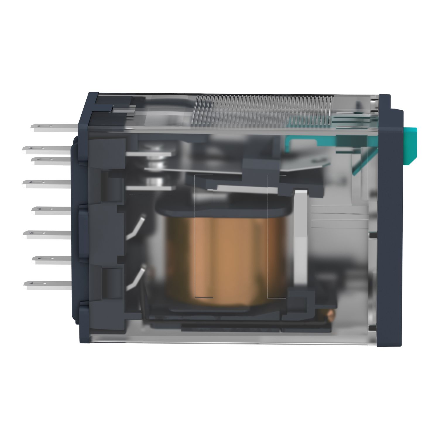Picture of miniature plug in relay, Harmony Electromechanical Relays, 6A, 4CO, lockable test but to n, 12V DC