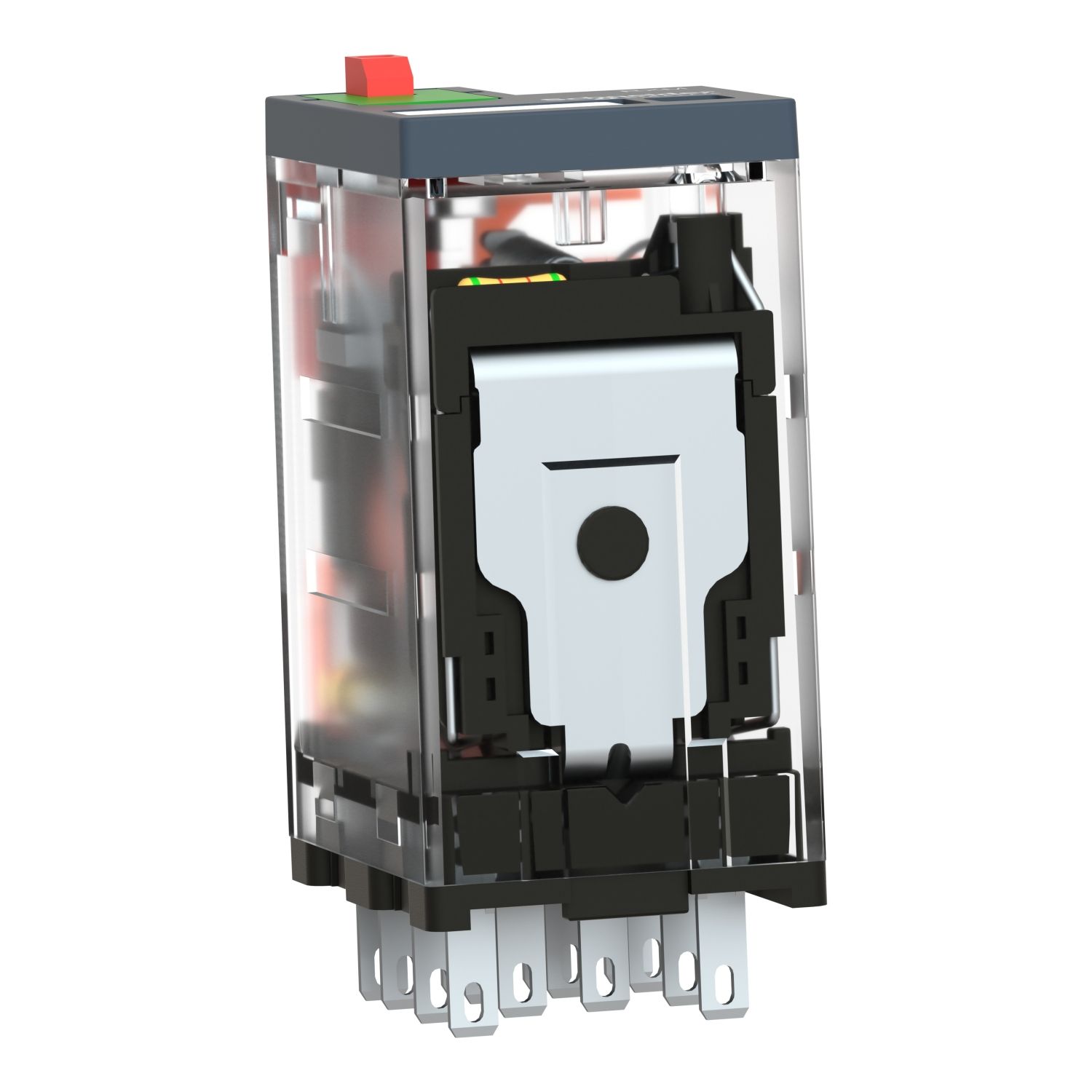 Picture of miniature plug in relay, Harmony Electromechanical Relays, 6A, 4CO, with LED, lockable test but to n, 24V AC