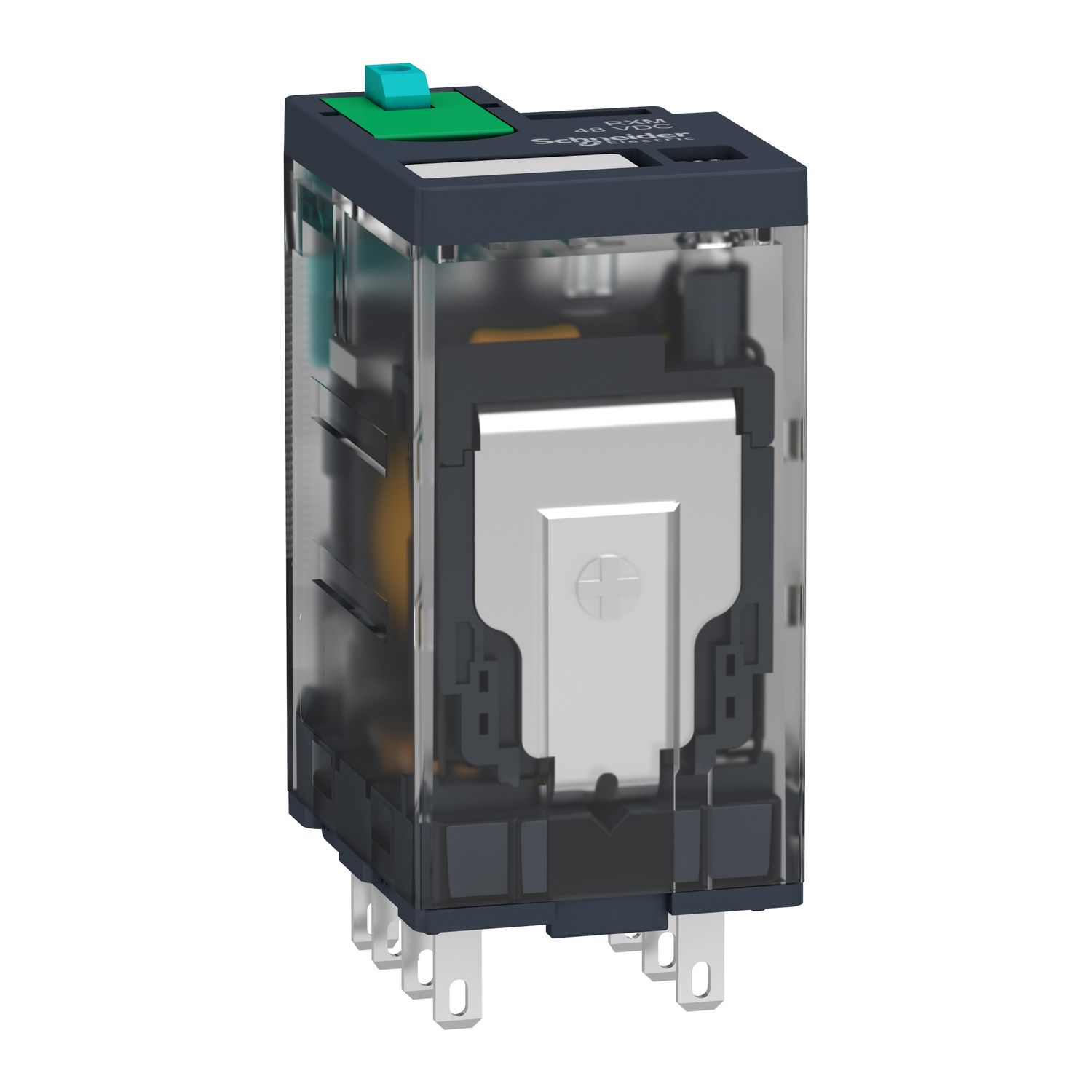 Picture of miniature plug in relay, Harmony Electromechanical Relays, 6A, 4CO, with LED, lockable test but to n, 48V DC