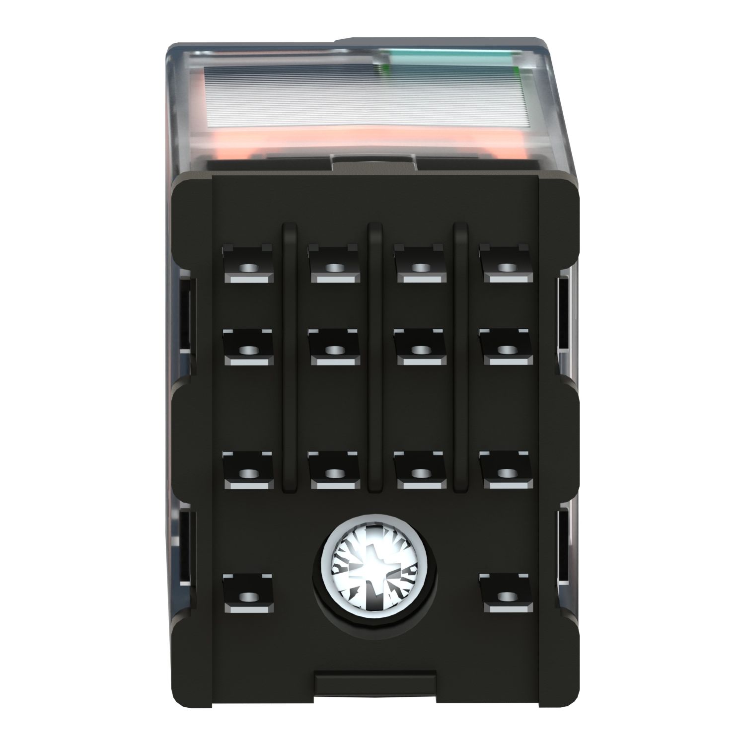 Picture of miniature plug in relay, Harmony Electromechanical Relays, 6A, 4CO, with LED, lockable test but to n, 110V DC
