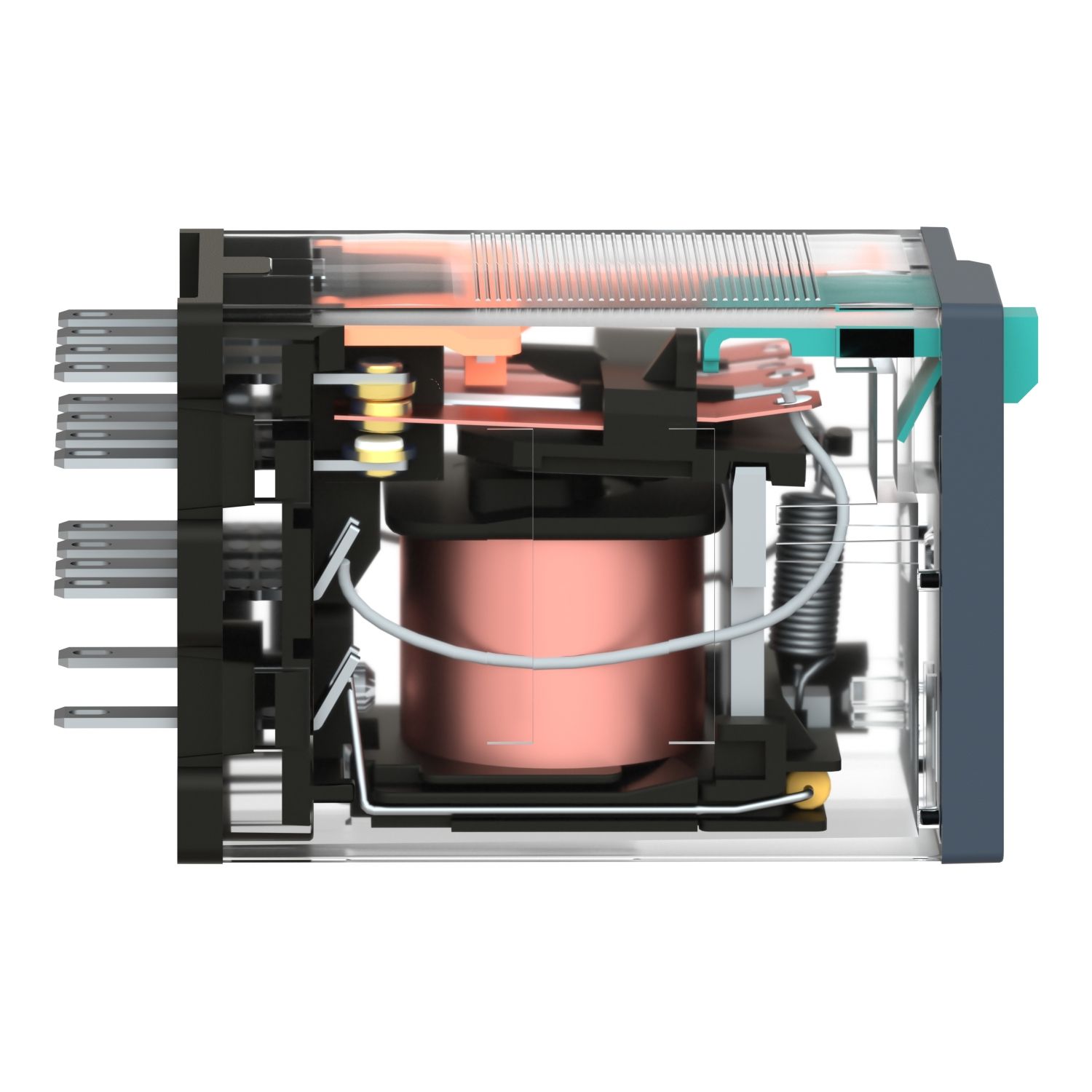 Picture of miniature plug in relay, Harmony Electromechanical Relays, 6A, 4CO, with LED, lockable test but to n, 110V DC