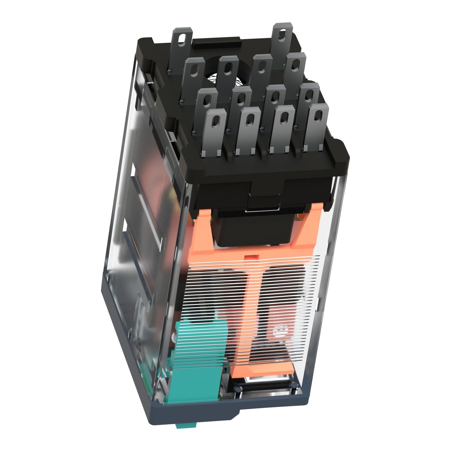 Picture of miniature plug in relay, Harmony Electromechanical Relays, 6A, 4CO, with LED, lockable test but to n, 125V DC