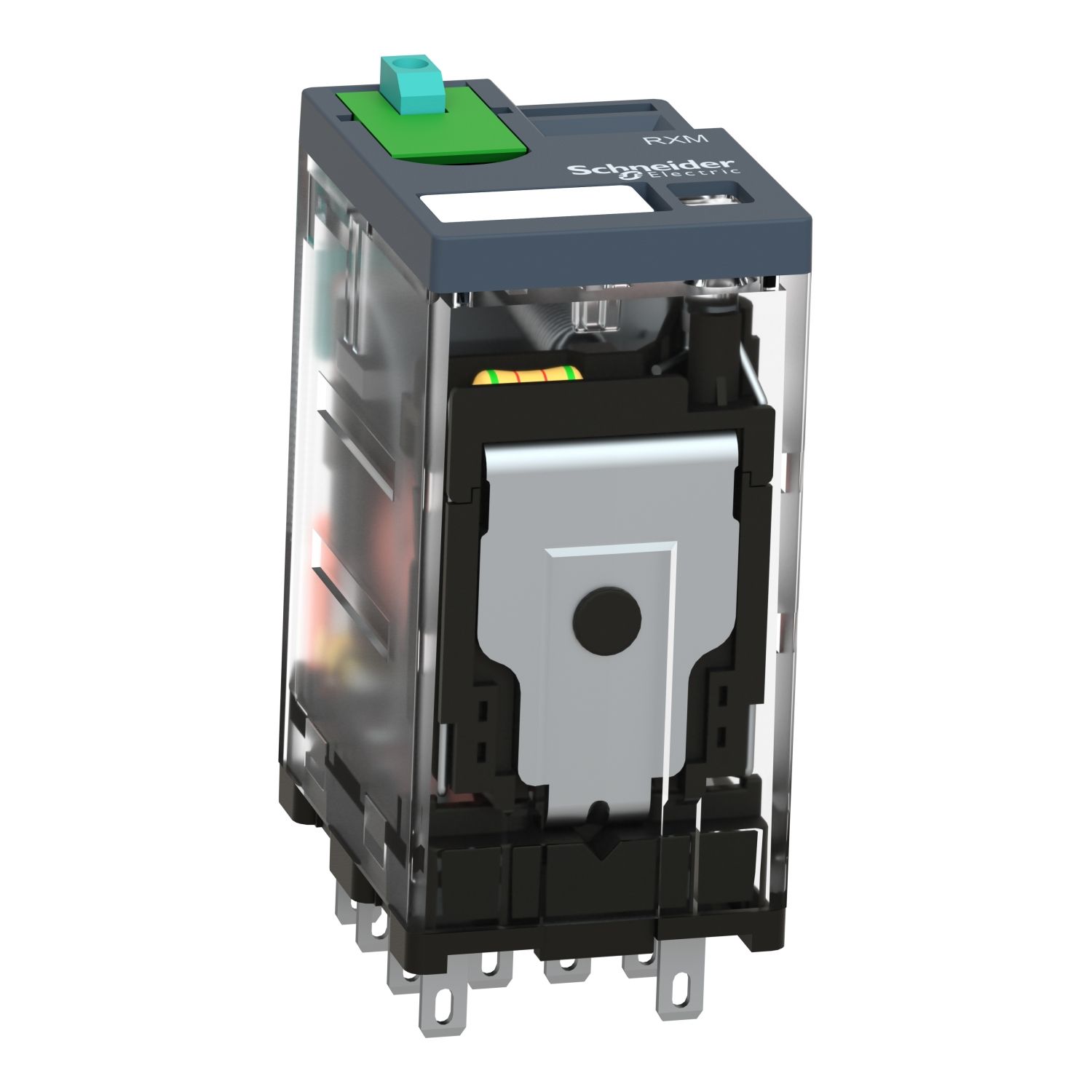 Picture of miniature plug in relay, Harmony Electromechanical Relays, 3A, 4CO, with LED, lockable test but to n, 24V DC