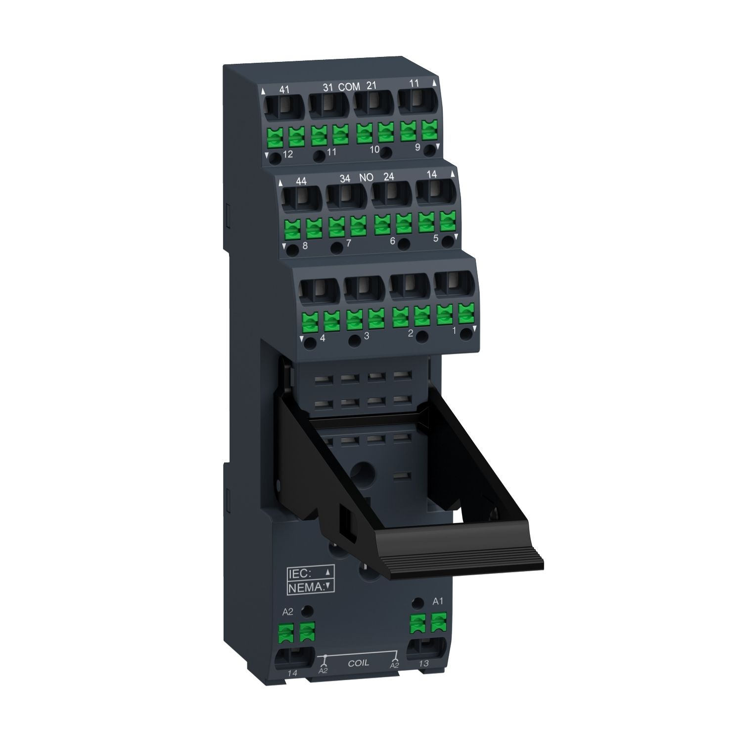 Picture of push in socket with clamp, Harmony Electromechanical Relays, for RXM relays, 12A 2CO, 6A 4CO, push in terminals, separate contact