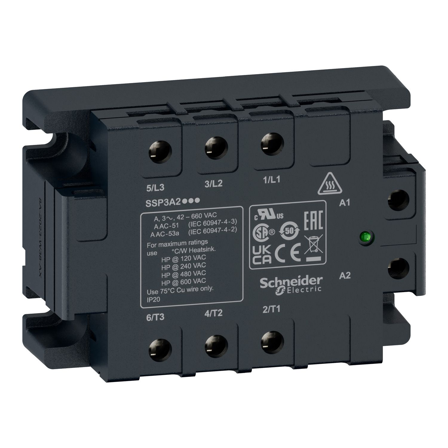 Picture of three phase relay, Harmony Solid State Relays, 25A, panel mount, random switching, thermal pad, input 4 to 32V DC, output 42 to 660V AC