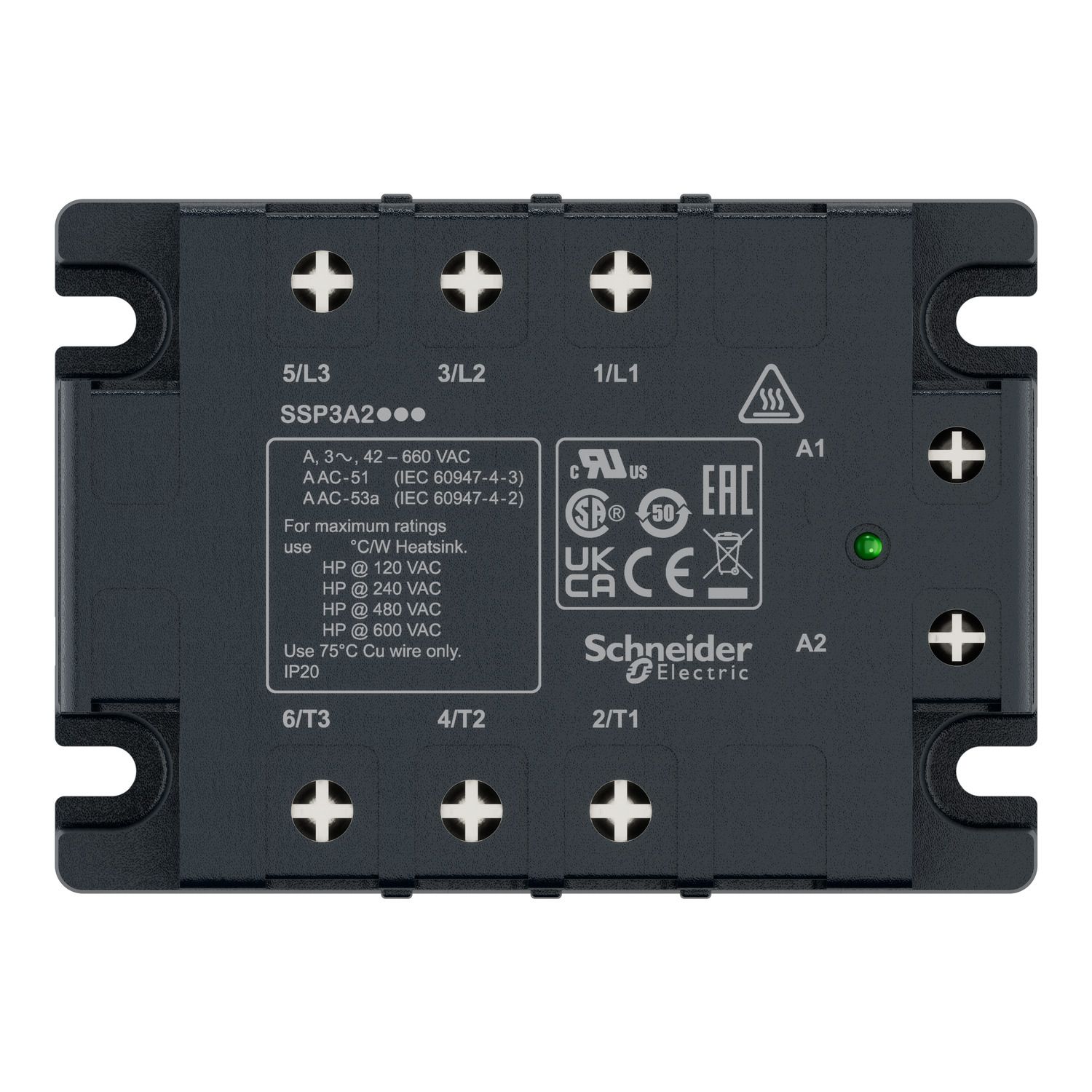 Picture of three phase relay, Harmony Solid State Relays, 25A, panel mount, random switching, thermal pad, input 4 to 32V DC, output 42 to 660V AC