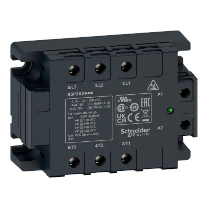 Picture of three phase relay, Harmony Solid State Relays, 50A, panel mount, random switching, thermal pad, input 4 to 32V DC, output 42 to 660V AC