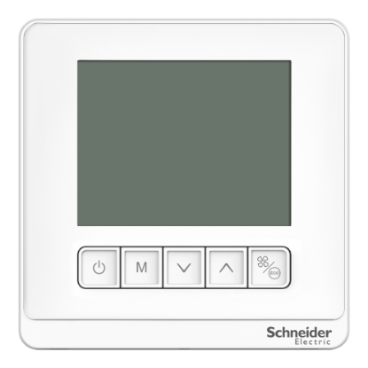 Picture of Thermostat, Spacelogic, fan coil on/off, standalone, LCD 5 Button, 4P, 3 fan, 240V, white