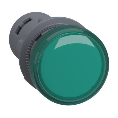 Picture of Monolithic pilot light, Easy Harmony XA2, plastic, green, 22mm, integral LED, screw clamp terminals, 12V AC DC