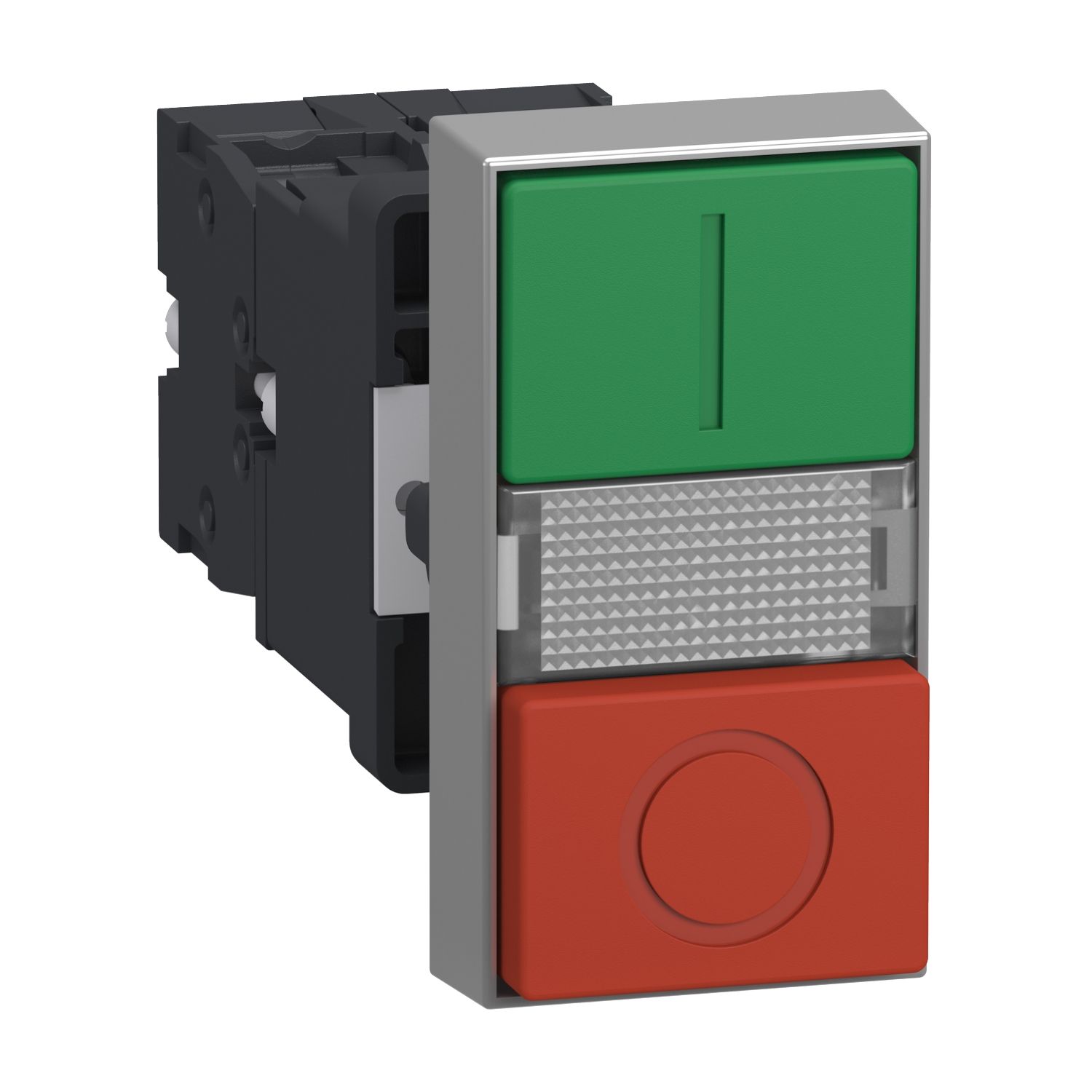 Picture of Illuminated double headed push button, Easy Harmony XA2, plastic, 22mm, 1 green flush I + 1 light + 1 red flush O, 220…230V AC, 1NO + 1NC