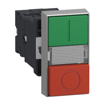 Picture of Illuminated double headed push button, Easy Harmony XA2, plastic, 22mm, 1 green flush I + 1 light + 1 red flush O, 220…230V AC, 1NO + 1NC