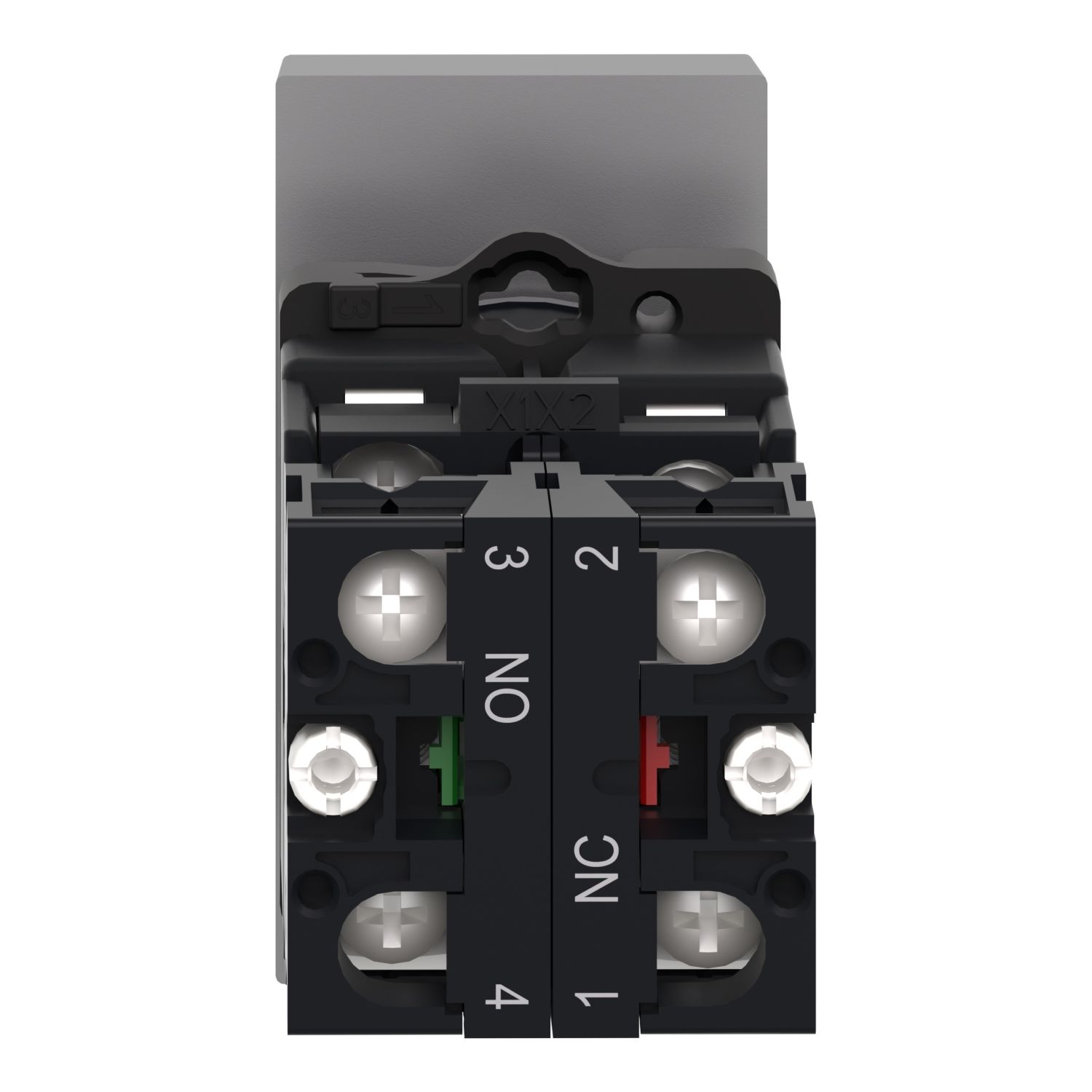 Picture of Illuminated double headed push button, Easy Harmony XA2, plastic, 22mm, 1 green flush I + 1 light + 1 red flush O, 220…230V AC, 1NO + 1NC