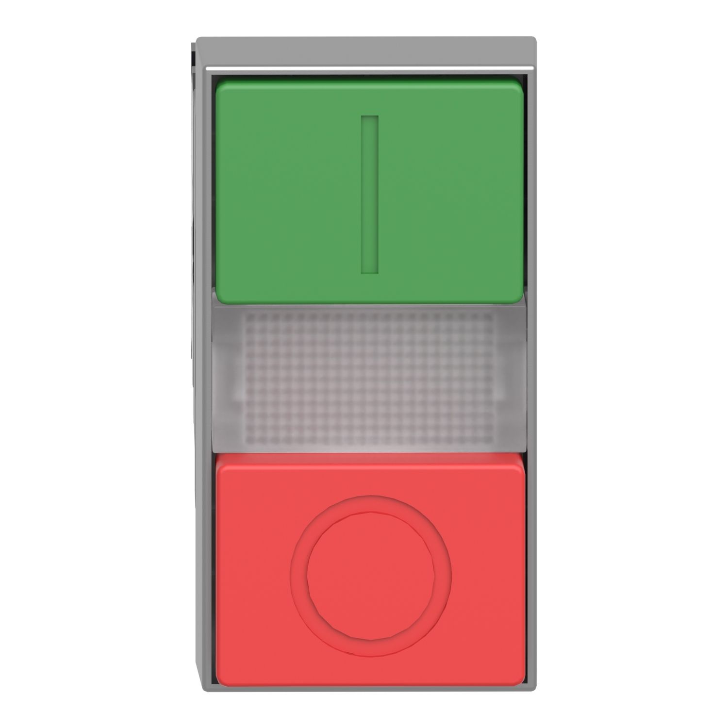 Picture of Illuminated double headed push button, Easy Harmony XA2, plastic, 22mm, 1 green flush I + 1 light + 1 red flush O, 220…230V AC, 1NO + 1NC