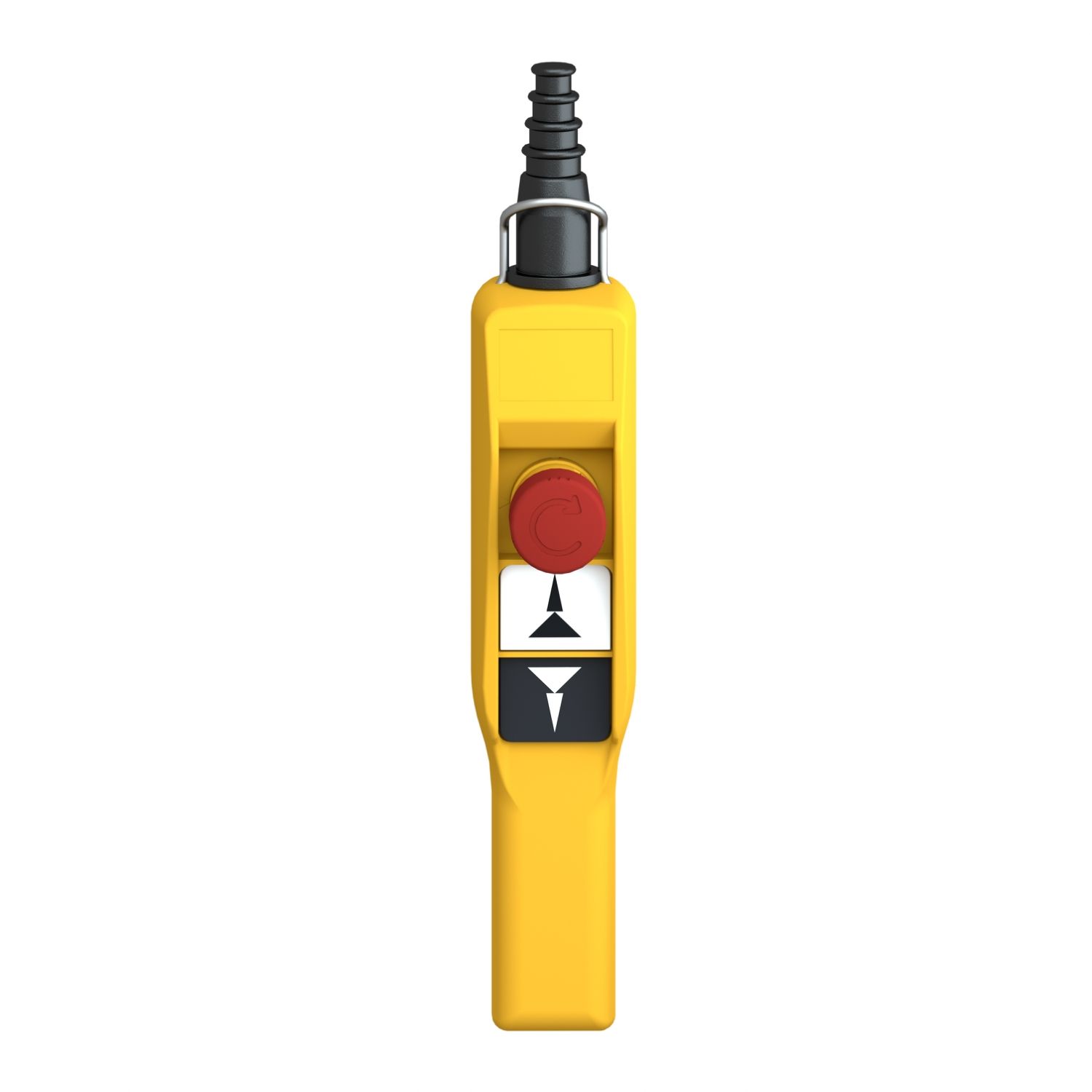 Picture of Pendant control station, Harmony XAC, plastic, yellow, pistol grip, 2 push buttons with 2NO, 1 emergency stop NC