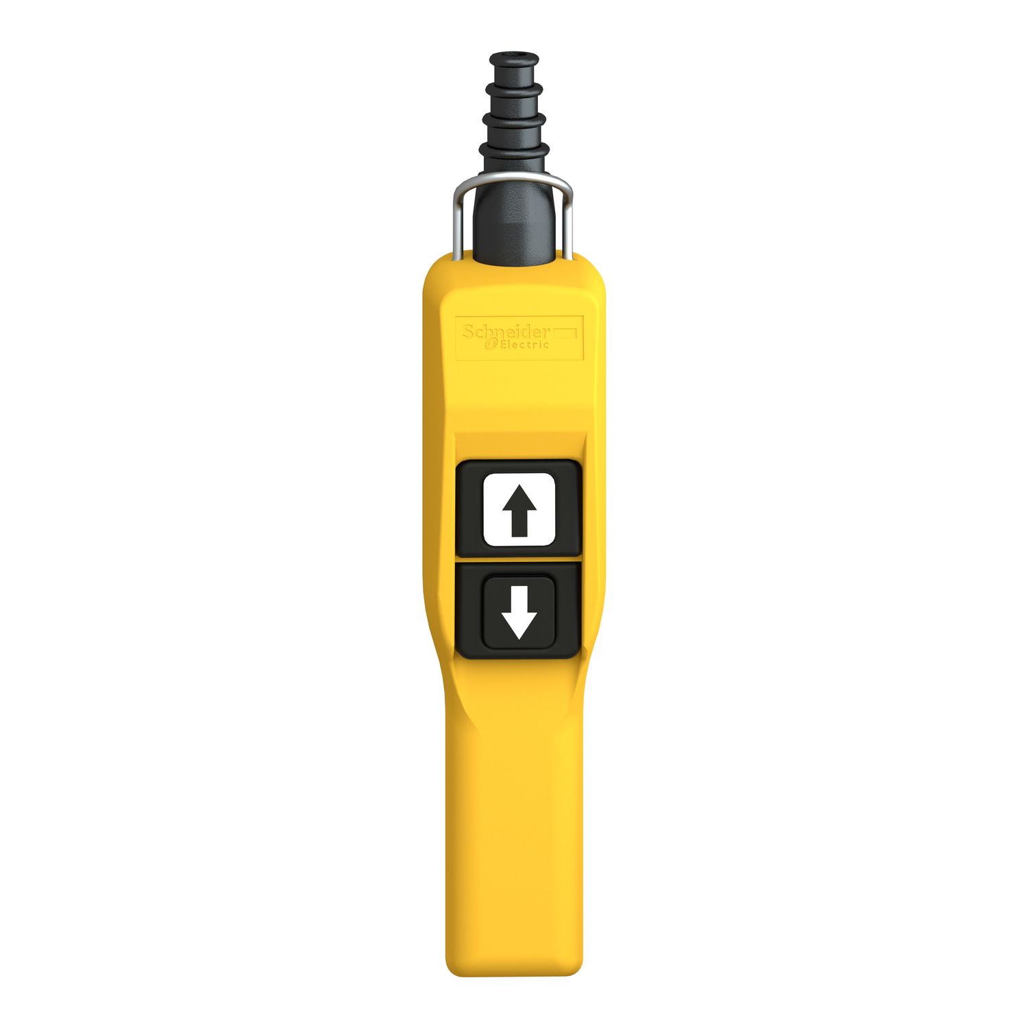 Picture of Pendant control station, Harmony XAC, plastic, yellow, pistol grip, 2 booted push buttons with NO+NC