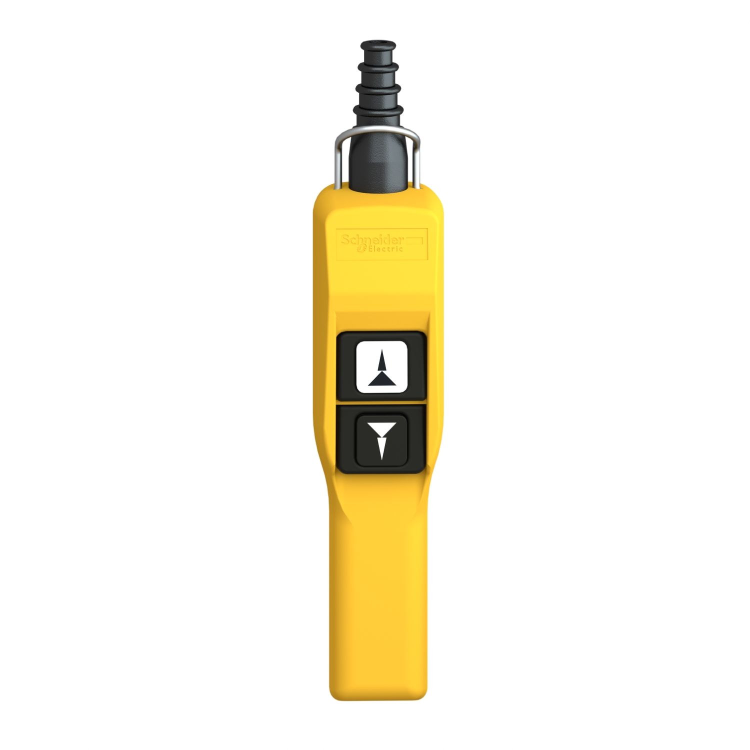 Picture of Pendant control station, Harmony XAC, plastic, yellow, pistol grip, 2 booted push buttons with 2NO