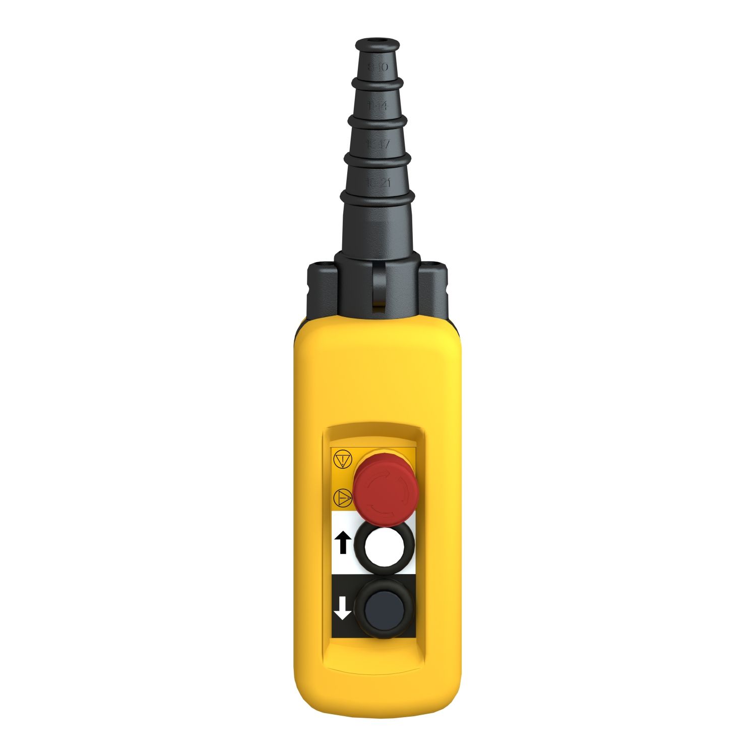 Picture of Pendant control station, Harmony XAC, plastic, yellow, 2 push buttons with NO+NC, 1 emergency stop NC