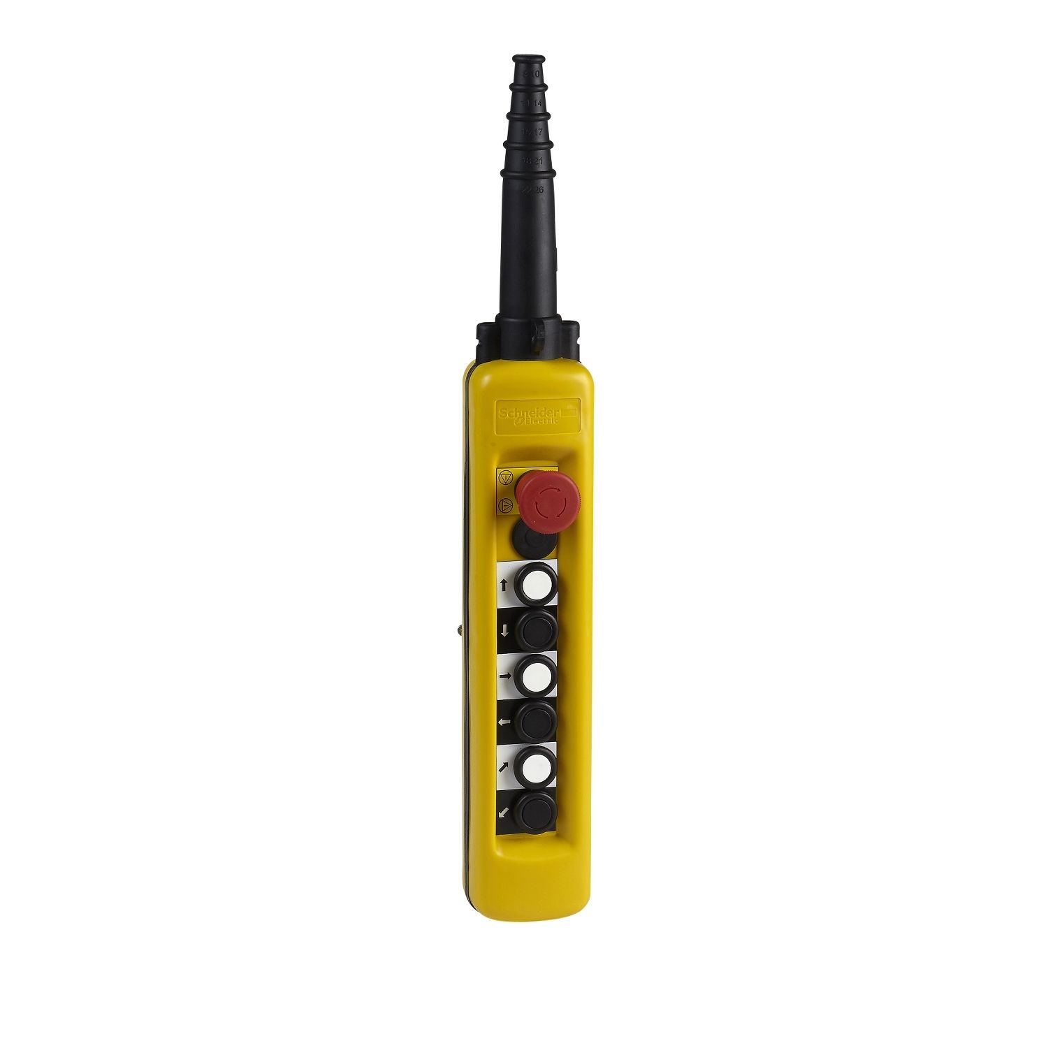 Picture of Pendant control station, Harmony XAC, plastic, yellow, 7 push buttons 2NO + 1NC, 1 emergency stop 40mm trigger blank 1NC, 2 speeds