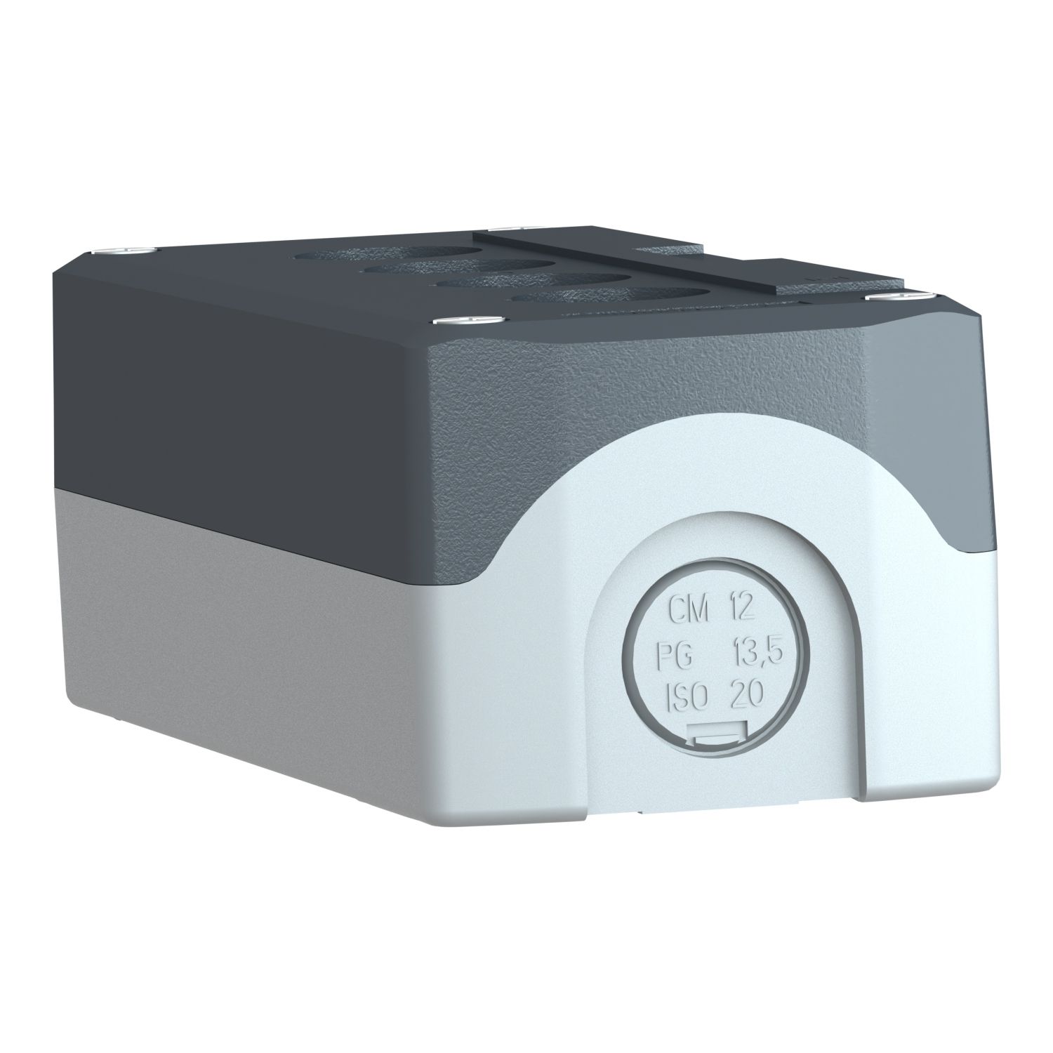 Picture of Empty control station, Harmony XALD XALK, plastic, dark grey lid, light grey base, 4 cut out