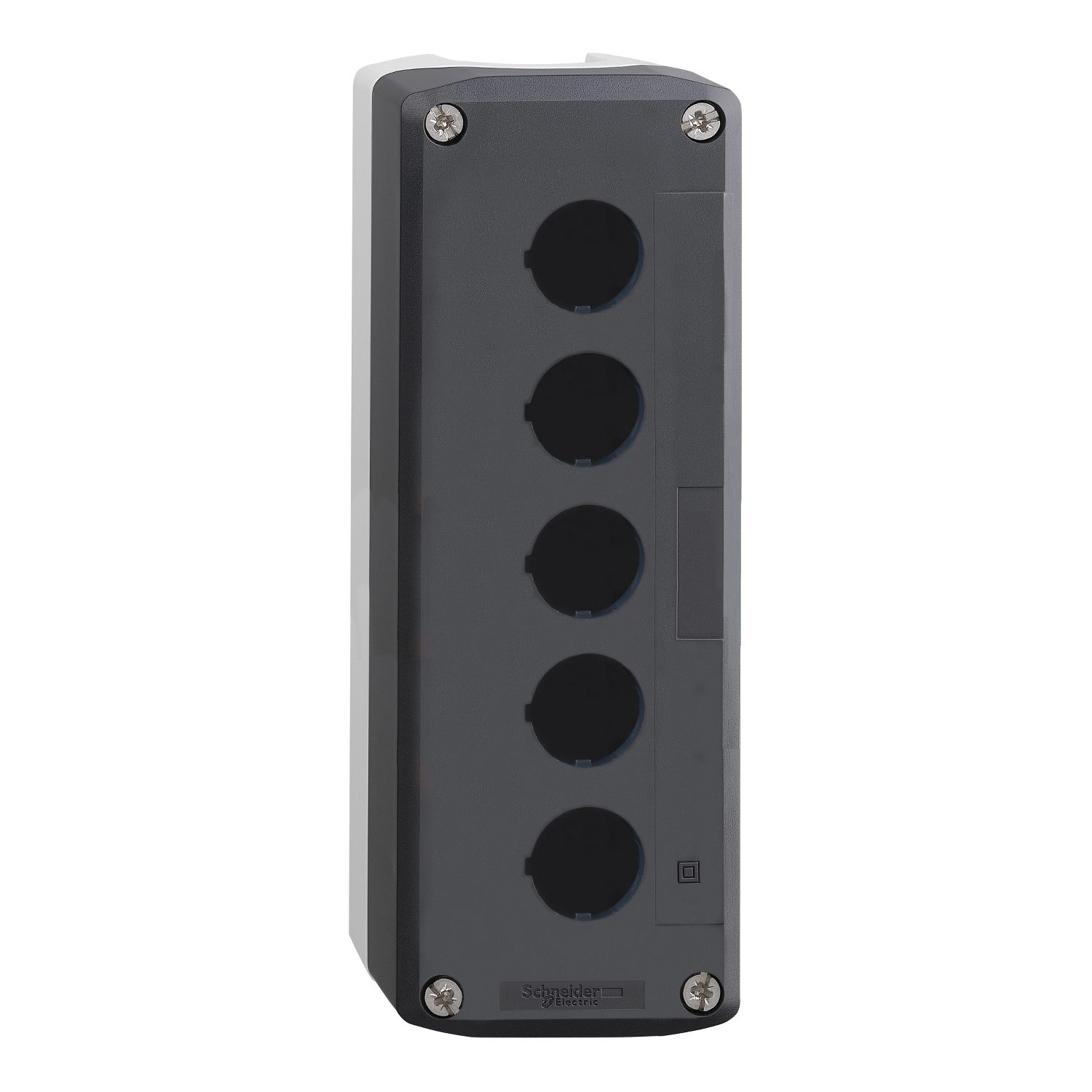 Picture of Empty enclosure, Harmony XALD XALK, plastic, dark grey lid, for push button 22mm, 5 cut outs