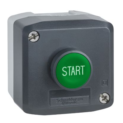 Picture of Control station, Harmony XALD XALK, plastic, dark grey lid, 1 green flush push button Ø22, spring return, marked START, 1 NO