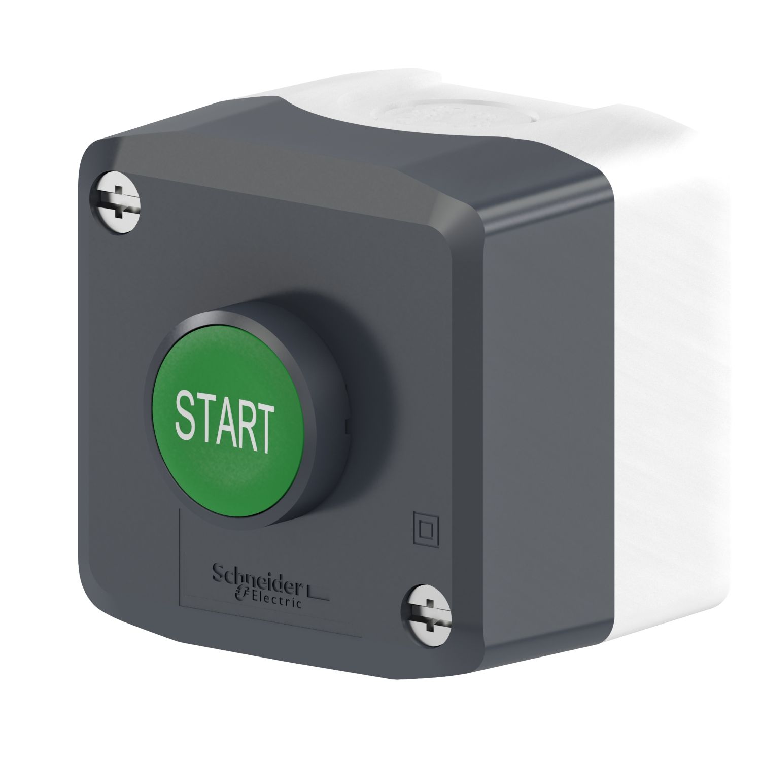 Picture of Control station, Harmony XALD XALK, plastic, dark grey lid, 1 green flush push button Ø22, spring return, marked START, 1 NO