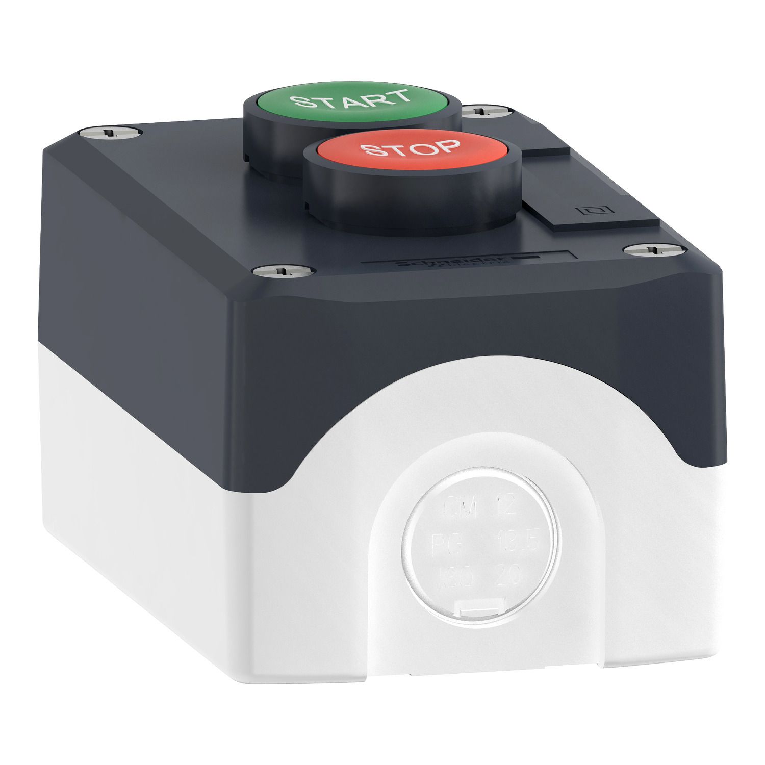 Picture of Control station, Harmony XALD XALK, plastic, dark grey lid, 2 flush push buttons 22mm, marked START STOP, 1NO+1NC