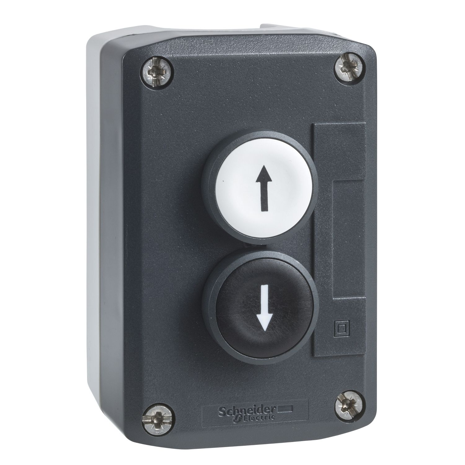 Picture of Control station, Harmony XALD, XALK, plastic, dark grey lid, 2 flush push buttons 22mm, marked UP ARROW DOWN ARROW, 2NO