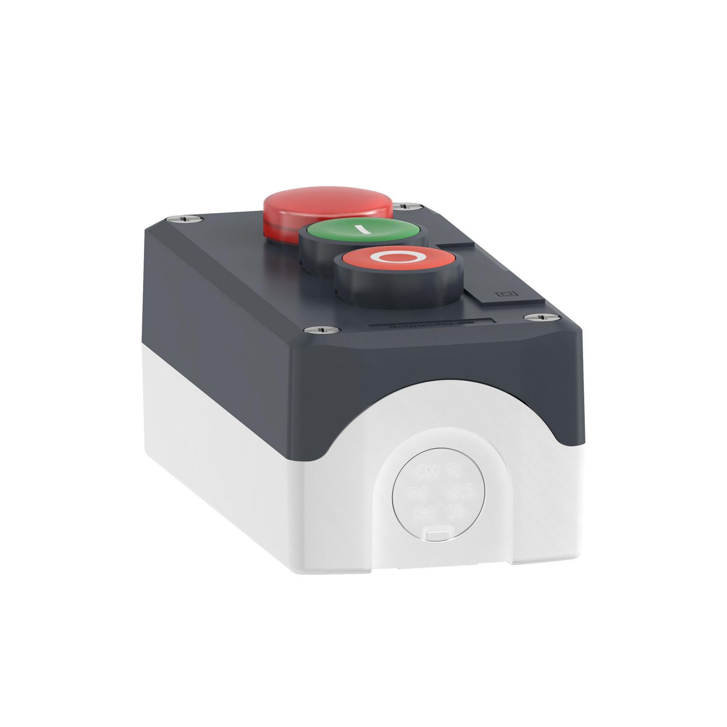 Picture of Control station, Harmony XALD XALK, plastic, dark grey lid, 1 red pilot light, 1 green flush, 1 red flush push buttons Ø22