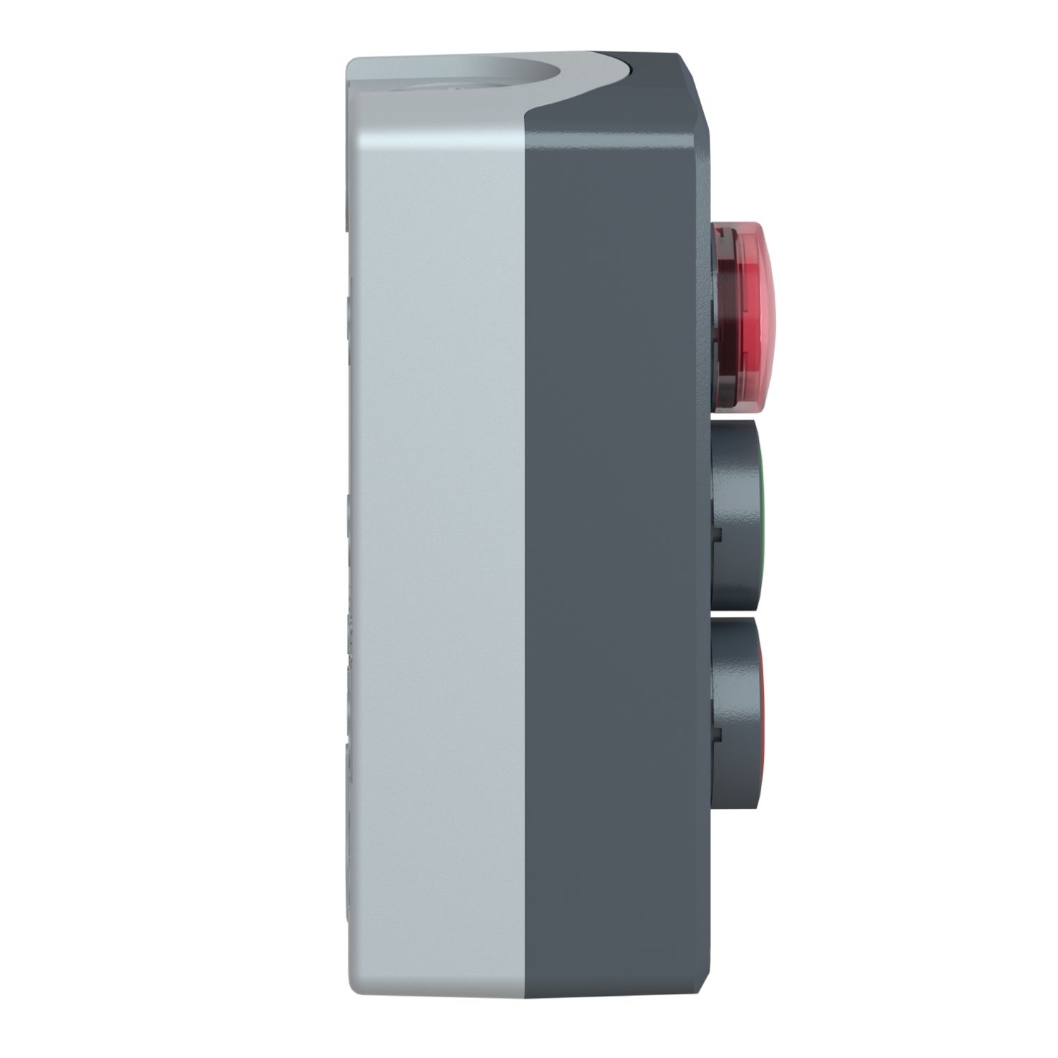 Picture of Control station, Harmony XALD XALK, plastic, dark grey, 1 red pilot light/1 green flush I/1 red flush O push buttons, Ø22 , spring return