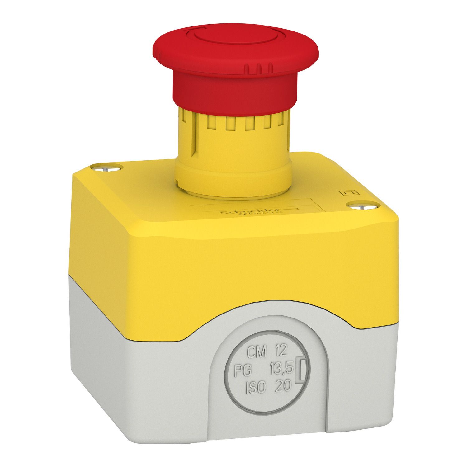Picture of Control station, Harmony XALK, plastic, yellow lid, 1 red mushroom push button 40mm, turn to release, 1NC with monitoring, unmarked
