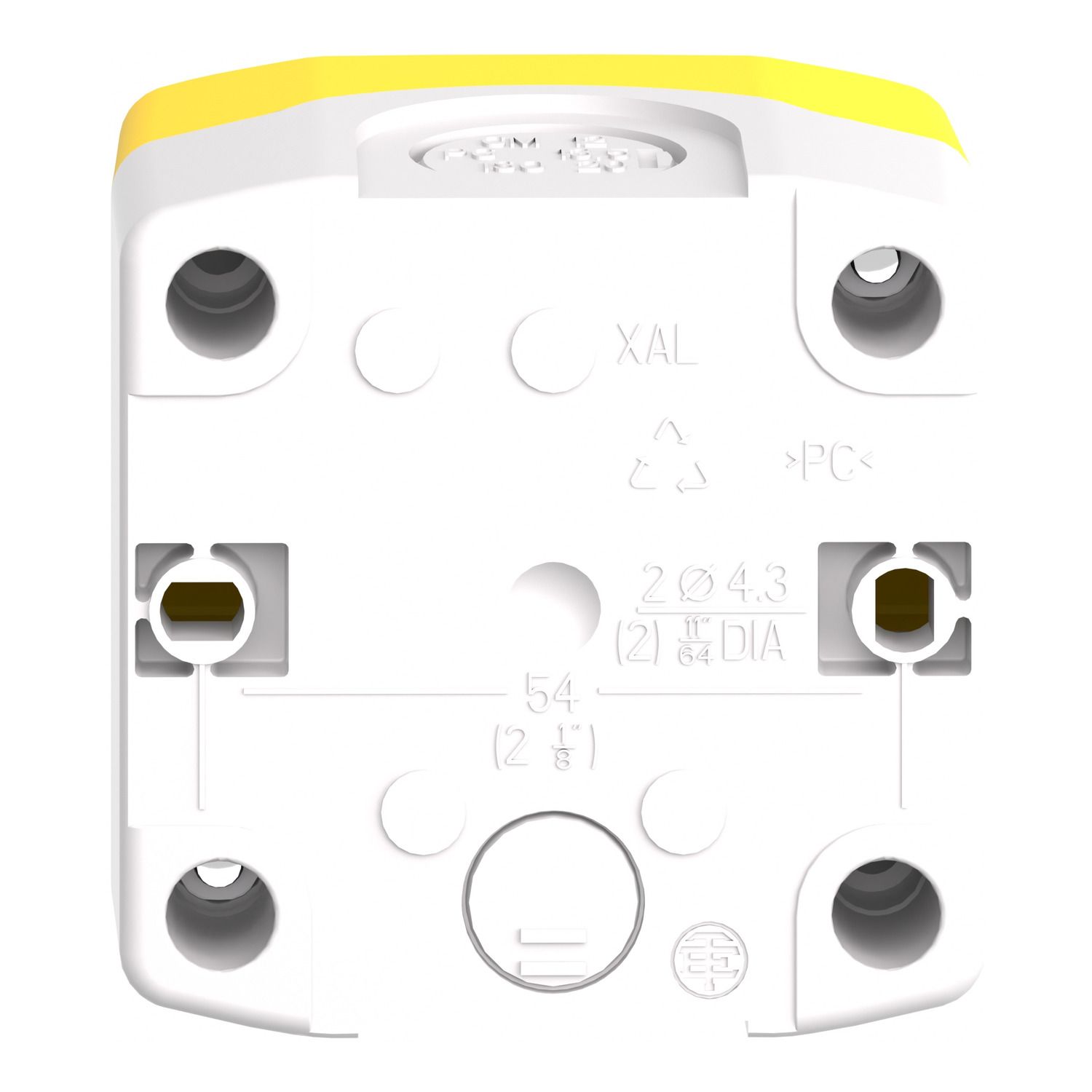 Picture of Control station, Harmony XALD, plastic, yellow lid, 1 emergency stop 40mm, turn to release, illuminated ring white red fixed, 1NO 1NC, 24V AC DC
