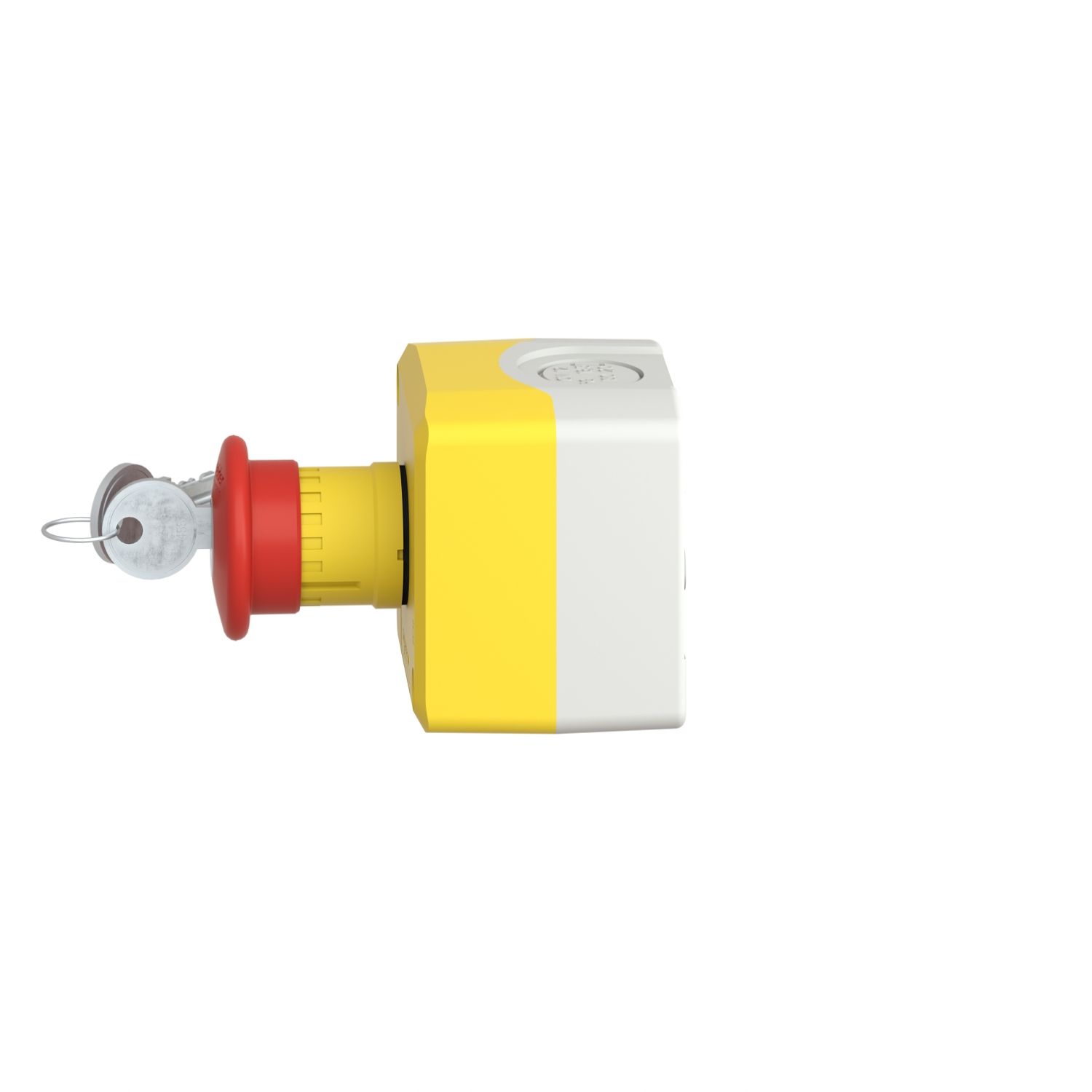 Picture of Control station, Harmony XALD XALK, plastic, yellow lid, 1 red mushroom push button 40mm, key release, 1NC