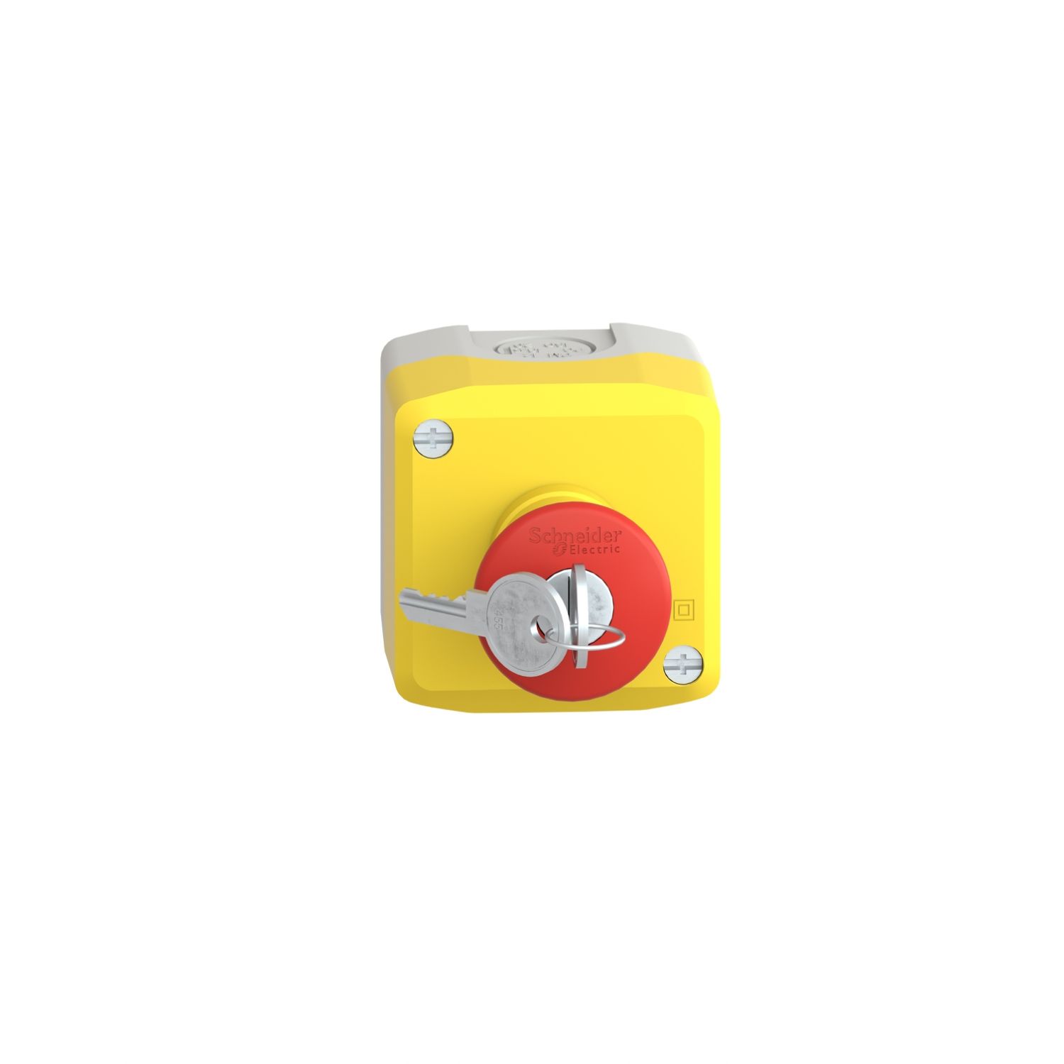 Picture of Complete control station, Harmony XALK, XALD, plastic, yellow lid, 1 red mushroom push button 40mm, key release, 2NC