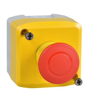 Picture of Control station, Harmony XALD XALK, plastic, yellow, 1 red mushroom head push button Ø40, emergency stop push-pull 1 NC, unmarked