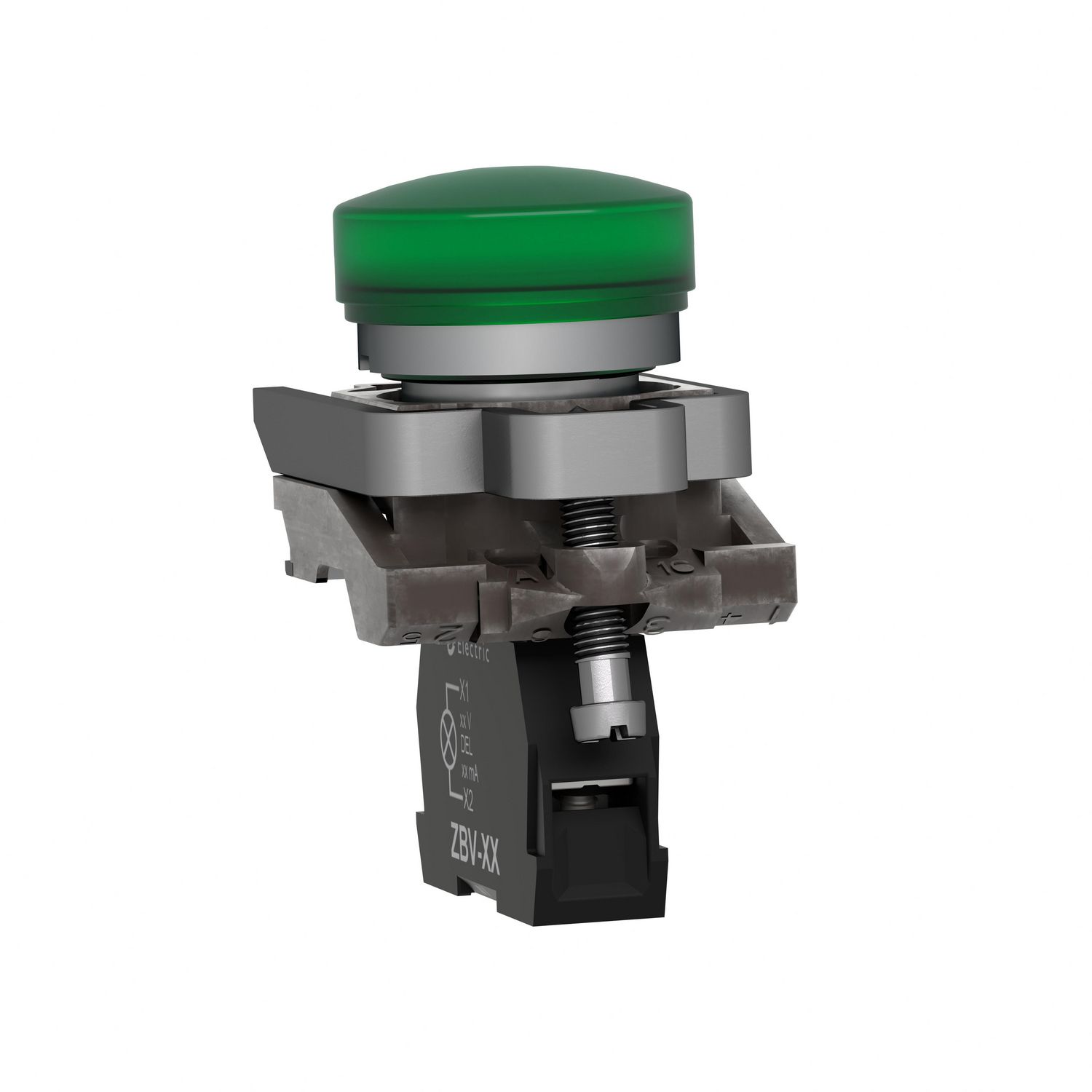 Picture of Pilot light, Harmony XB4, grey plastic, green, 22mm, universal LED, plain lens, 24V AC DC