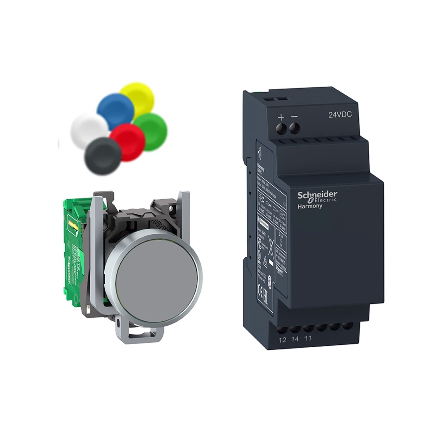 Picture of Wireless and batteryless package, Harmony XB5R, Wireless metal 22mm black pushbutton, non configurable receiver, 24V DC
