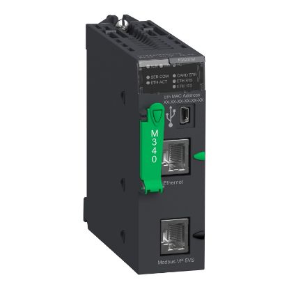 Picture of processor, Modicon M340, max 1024 discrete, 256 analog IO, Modbus, Ethernet, for severe environment