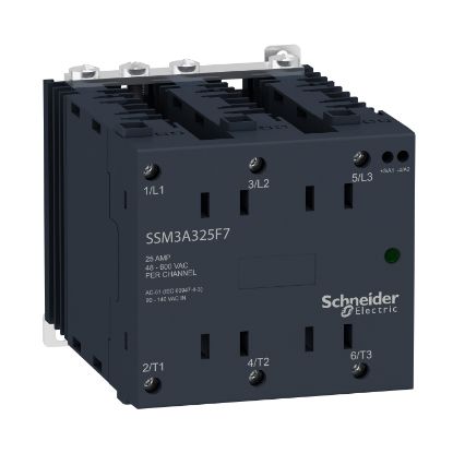 Picture of single phase relay, Harmony Solid State Modular Relays, 25A, DIN rail mount, zero voltage switching, input 90 to 140V AC, output 48 to 600V AC