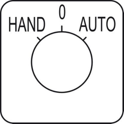 Picture of Legend for cam switch, Harmony K, use Ø 22mm hole mounting heads, 45X45mm, metallic color, marked HAND - 0 - AUTO, 45°