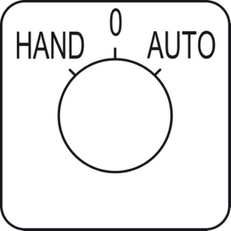 Picture of Legend for cam switch, Harmony K, use Ø 22mm hole mounting heads, 45X45mm, metallic color, marked HAND - 0 - AUTO, 45°